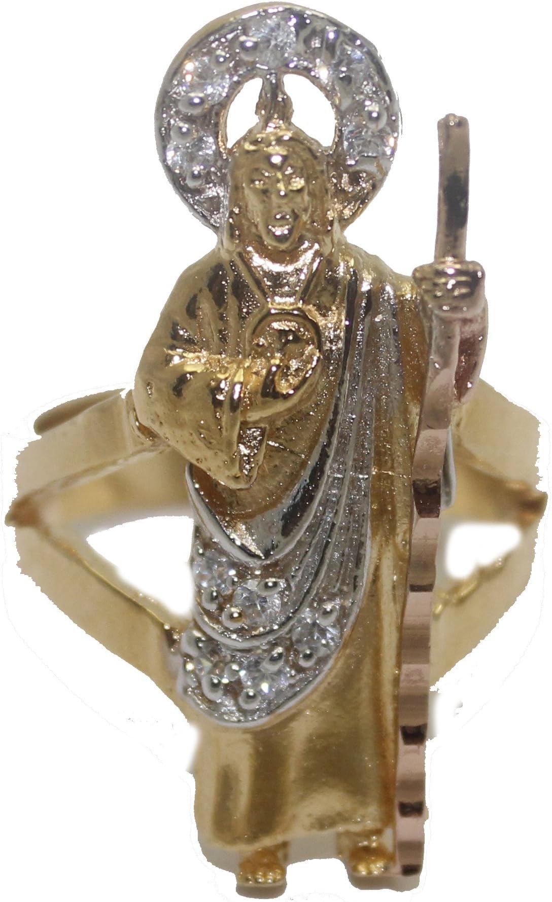 Diamantados of Fla San Judas Tadeo Three Tone Gold with CZ 18k Gold Plated Ring Size 8 - St. Jude Thaddeus Ring