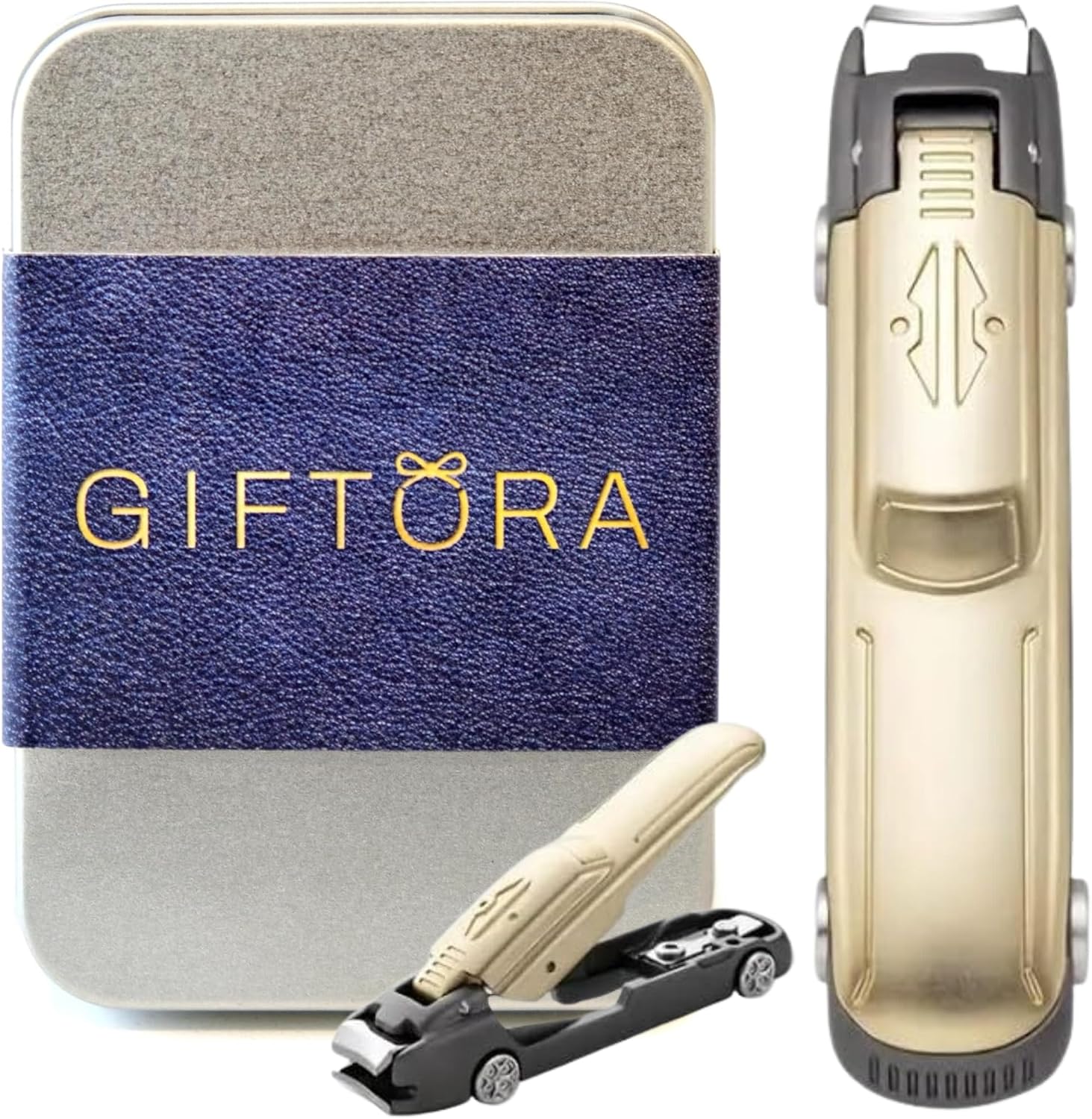 Car Shaped Nail Clipper - Premium Metal Fingernail Clipper with Filer - Fun & Durable Grooming Tool for Men, Husband, Kids - Unique Birthday Gift Idea, Stocking Stuffer - Packed in Tin Box (Gold)