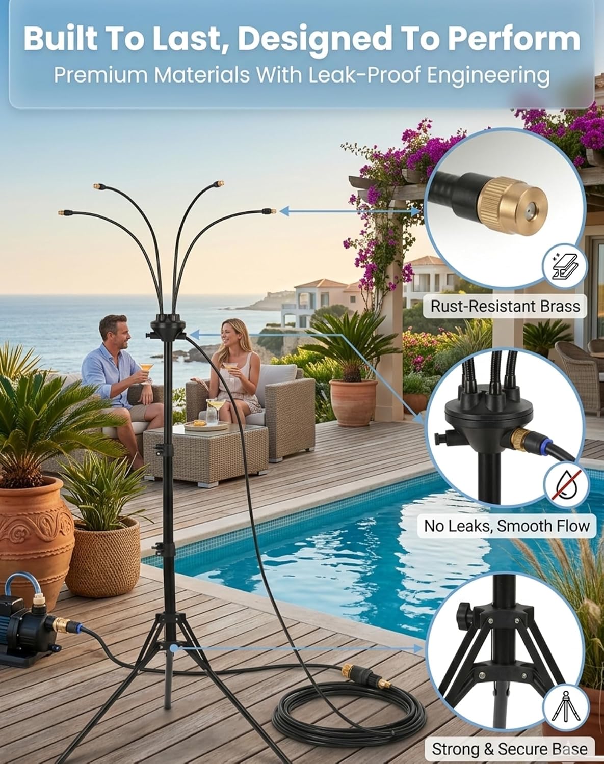 Adjustable Outdoor Misting Cooling System, 5.25FT Standing Misters for Outside Patio with Stainless Steel Tripod, Portable Water Mister for Backyard, Garden, Pool, BBQ, 26.2FT Hose, 20°F Cooling