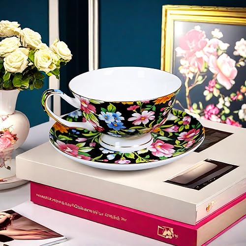 Miniatura 4 de Juego de taza de té y platillo estilo jardín real taza de café con platillo 7 onzas de porcelana de hueso y platillo (negro)