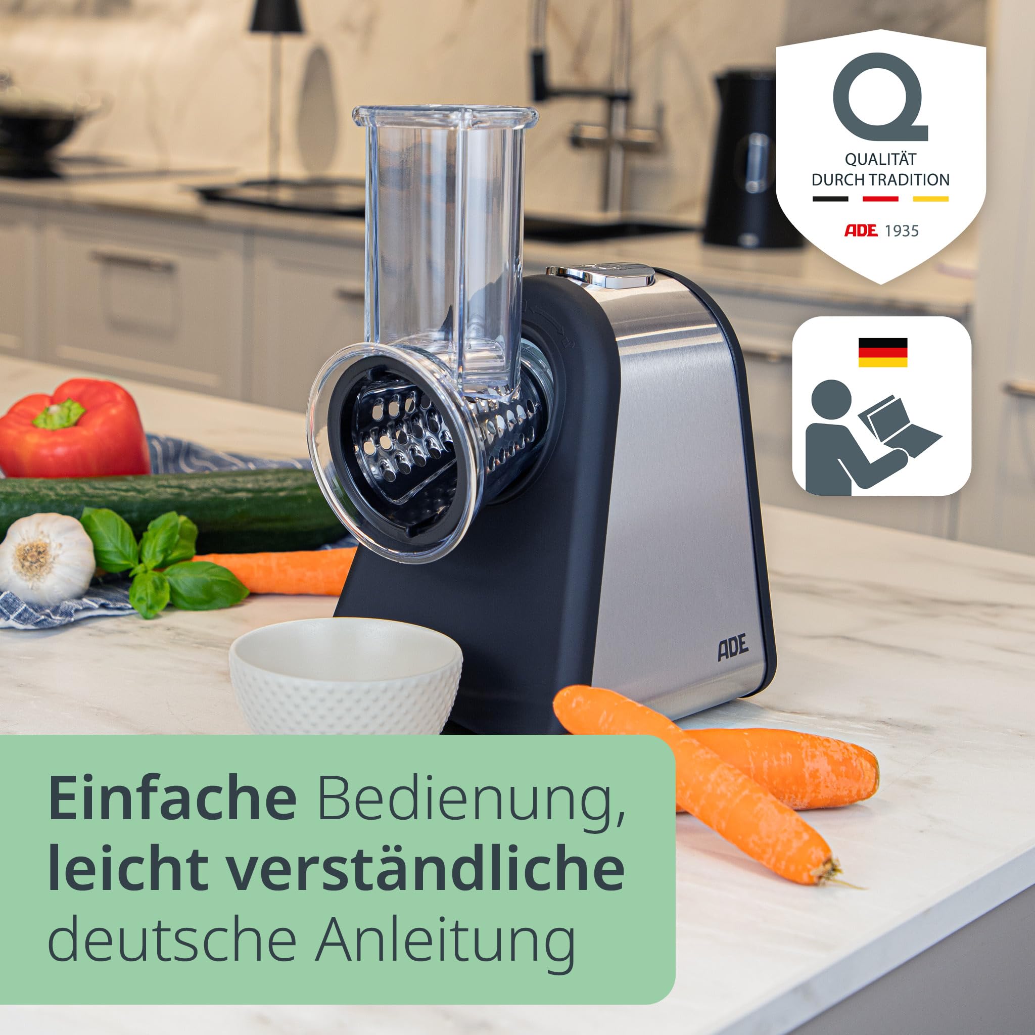 ADE Elektrische Küchenreibe | Gemüsehobel | Reibe für Obst und Gemüse | Karotten, Gurke, Nüsse | 4 extrascharfe Schneidetrommeln | Käsereibe 200 bis 500 W
