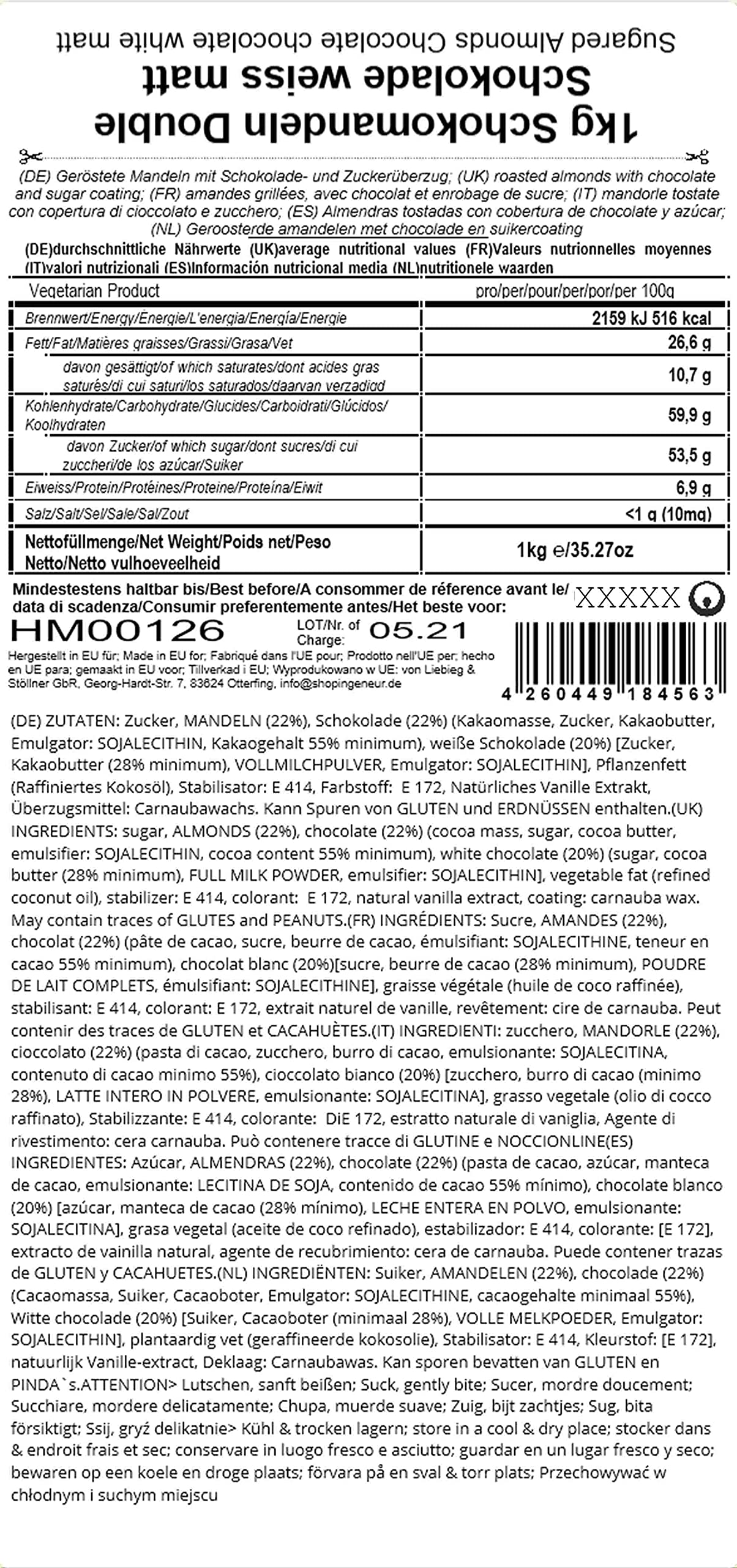 EinsSein 1kg Schokomandeln Double (weiß matt), ca. 160 Stück – Hochzeitsmandeln für Gastgeschenke zu Hochzeit, Taufe, Kommunion & Konfirmation; Bonboniere, Confetti, Candy Bar