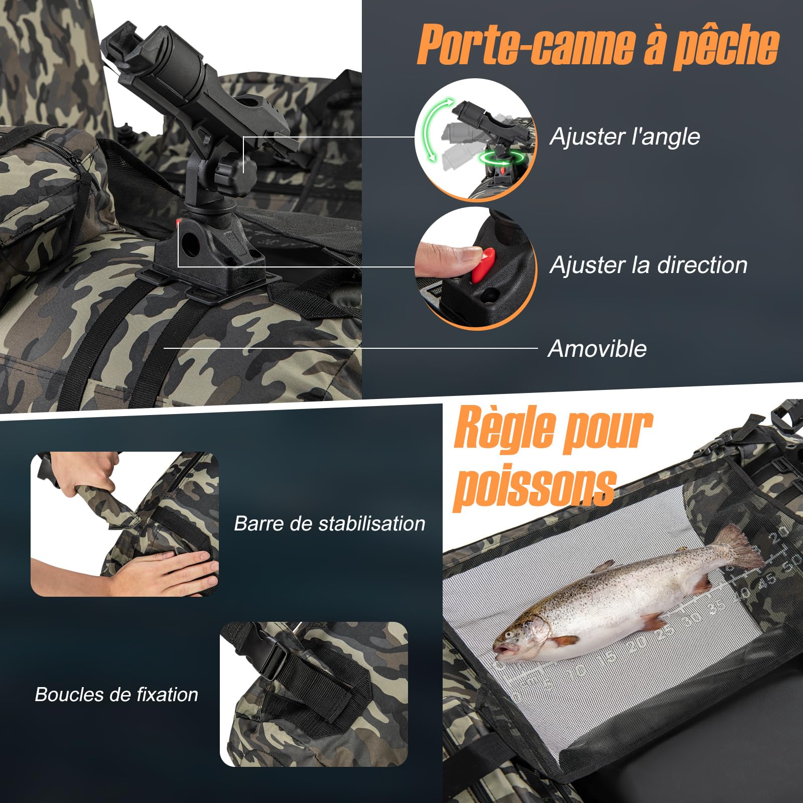 GYMAX Bateau de Pêche Gonflable en Forme de V avec Support de Canne à Pêche, Bretelles de Sac à Dos Ajustables, Poche de Rangement, Règle à Poisson, Bateau de Pêche Pliable avec Palmes, Rames, Pompe