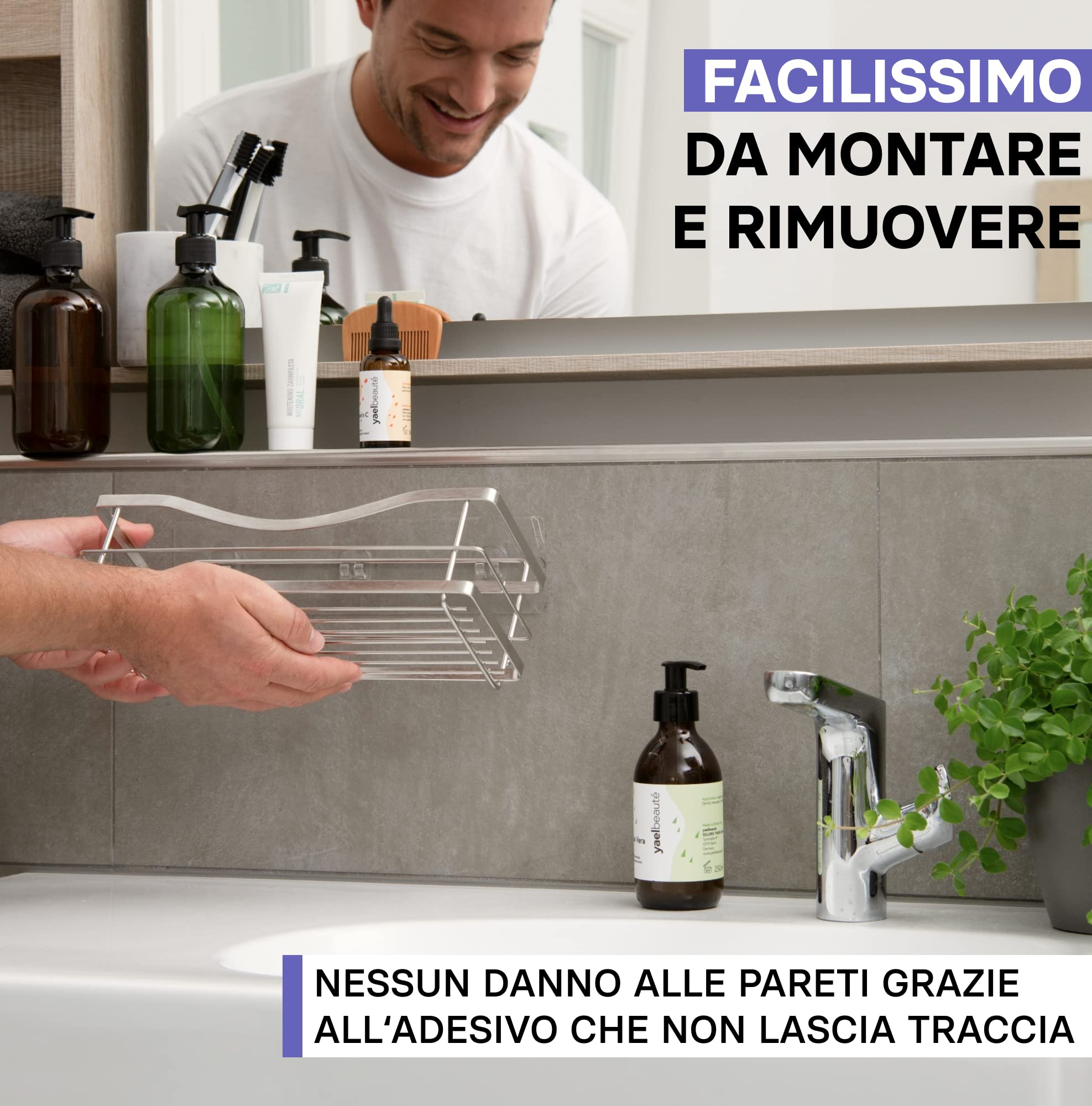 KINCMAX Mensola doccia senza foratura, in acciaio inox, antiruggine, autoadesiva, per il bagno con ganci (argento)