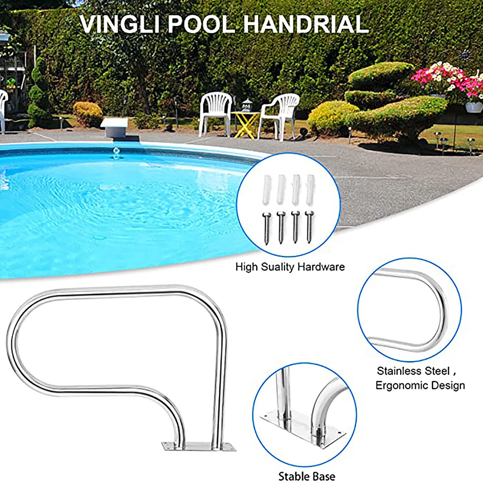 Pasamanos de Seguridad para Piscinas Pasamanos de Seguridad para Piscinas con Base de Montaje rápido, barandilla para Piscinas de Acero Inoxidable 304, pasamanos para Piscinas - Al