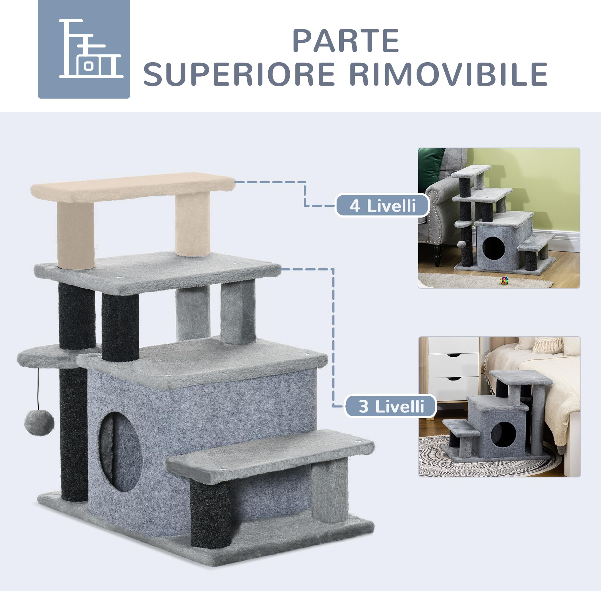 PawHut Scaletta per Cani con Gradino Rimovibile, Pallina Giocattolo e Area Interna, Scalini per Cani in Truciolato, Peluche e Sisal, 60x40x66 cm, Grigio