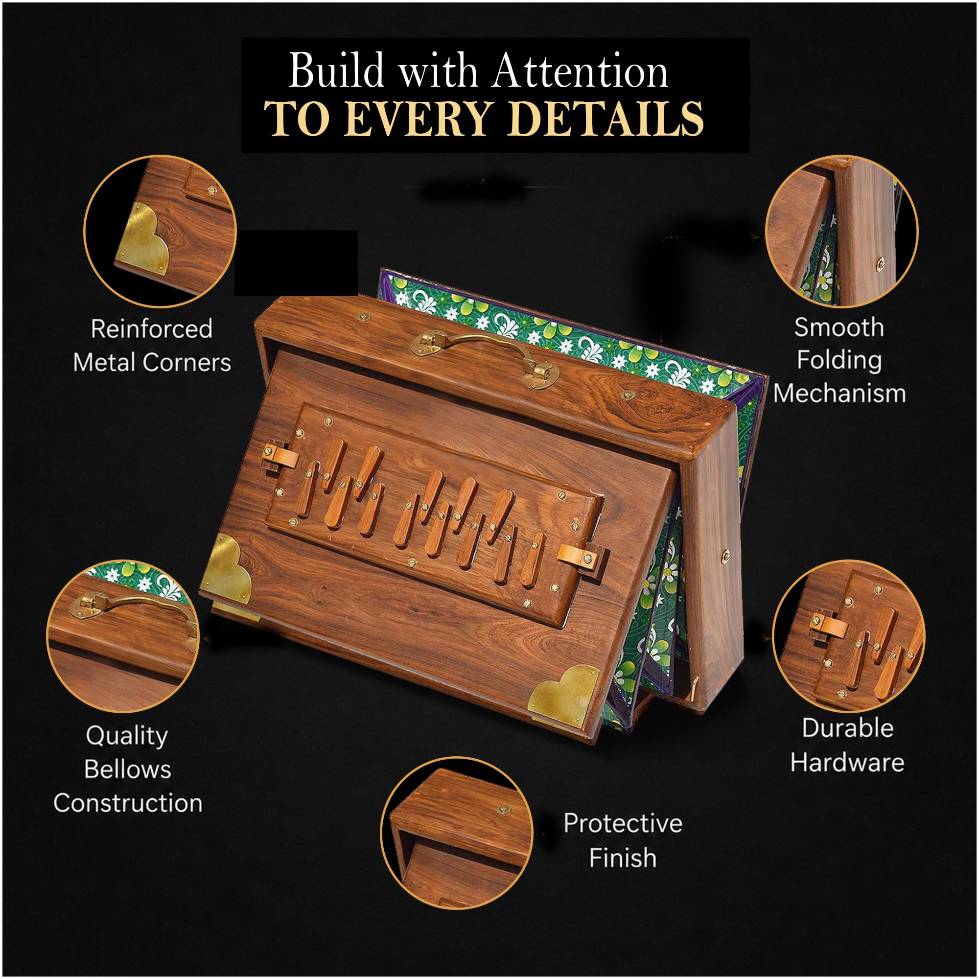 Shruti Box with 13 note Tuned 432 Hertz Padded Carry Bag Made by Teak wood