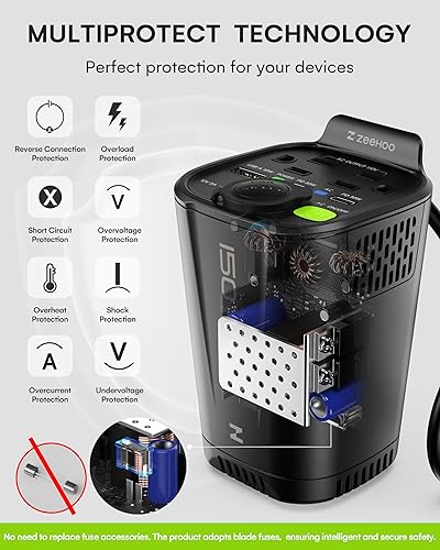 Miniatura 5 de Inversor de corriente para automóvil de 150 W, 12 V CC a 110 V CA Adaptador de enchufe de automóvil, convertidor de tomacorriente, con 2 salidas de