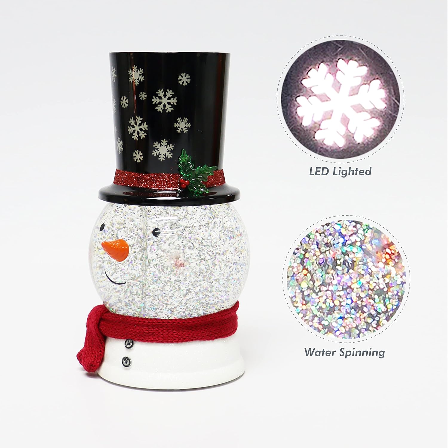 Snowman Snow Globe Water Spinning LED Lighted Snowman Moments in Time Battery Operated Christmas Tabletop Decoration Festive Glitter Globe Holiday Décor Gift (9.4”H x 5.5”W x 4.8”D)