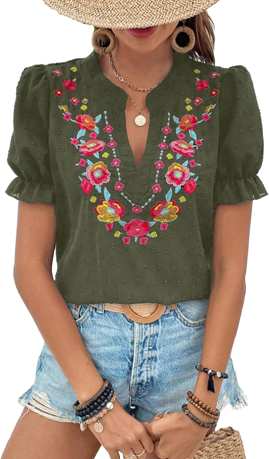 ZILIN Women's Casual Floral Embroidered V Neck Boho Short Puff Sleeve Shirts Loose Summer Blouses Tops Fashion Clothes 2026