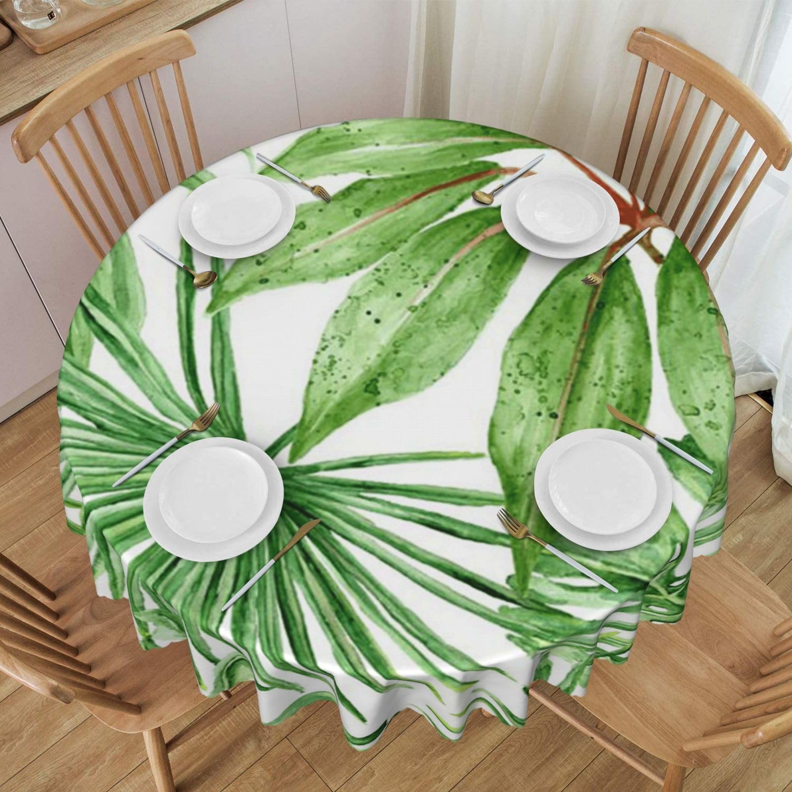 DCEHGEW 60 In Round Tablecloth with Lace, Tropical Palm Banana Leaves Printed Oilproof & Washable Fabric Picnic Table Cloth Table Covers