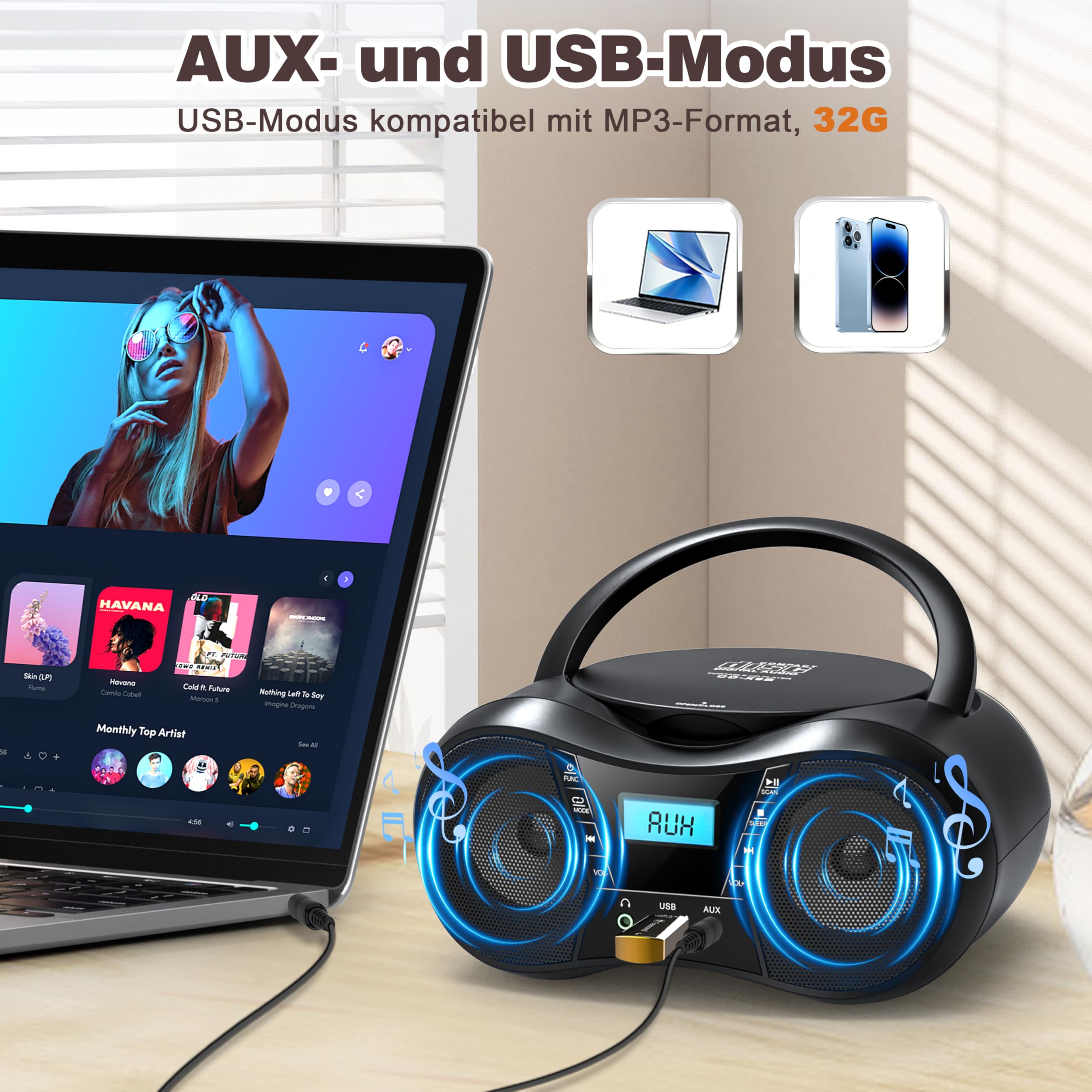 Greadio Tragbarer CD Player Bluetooth 5.1, Boombox Radio mit CD-Player, USB, AUX-In, Netz- und Batteriebetrieb, LCD Display, Kompatibel mit CD/CD-R/CD-RW, CD Spieler für zu Hause oder draußen