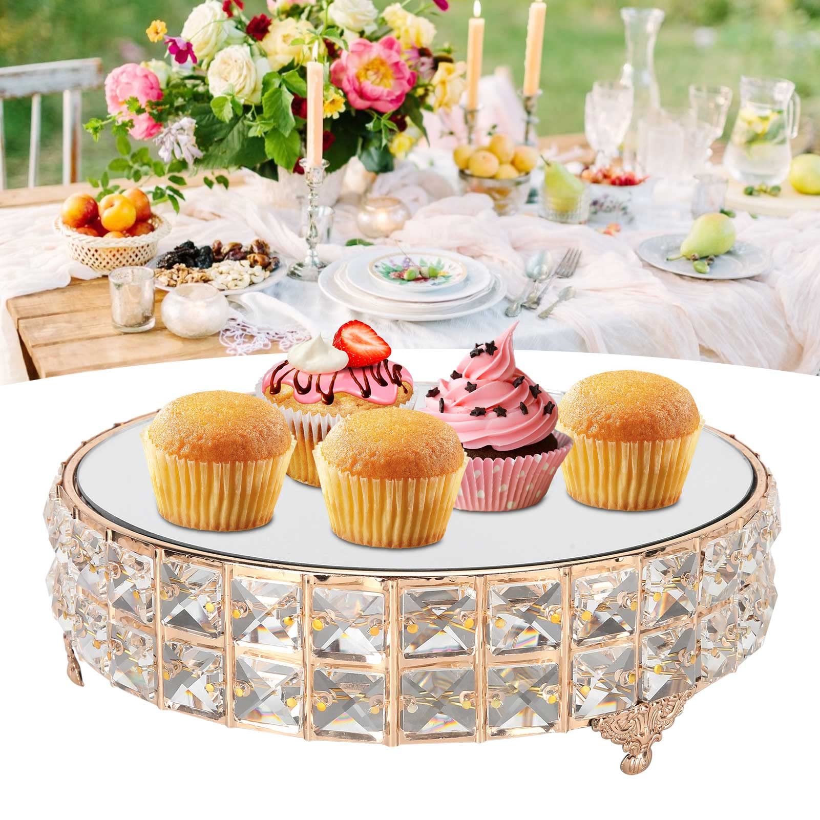Alzata per torta con specchio di cristallo, per matrimoni, dessert, cupcake, vassoio per torte, decorazione da tavolo, display rotondo con glitter per compleanno (Ferro+cristallo+vetro)