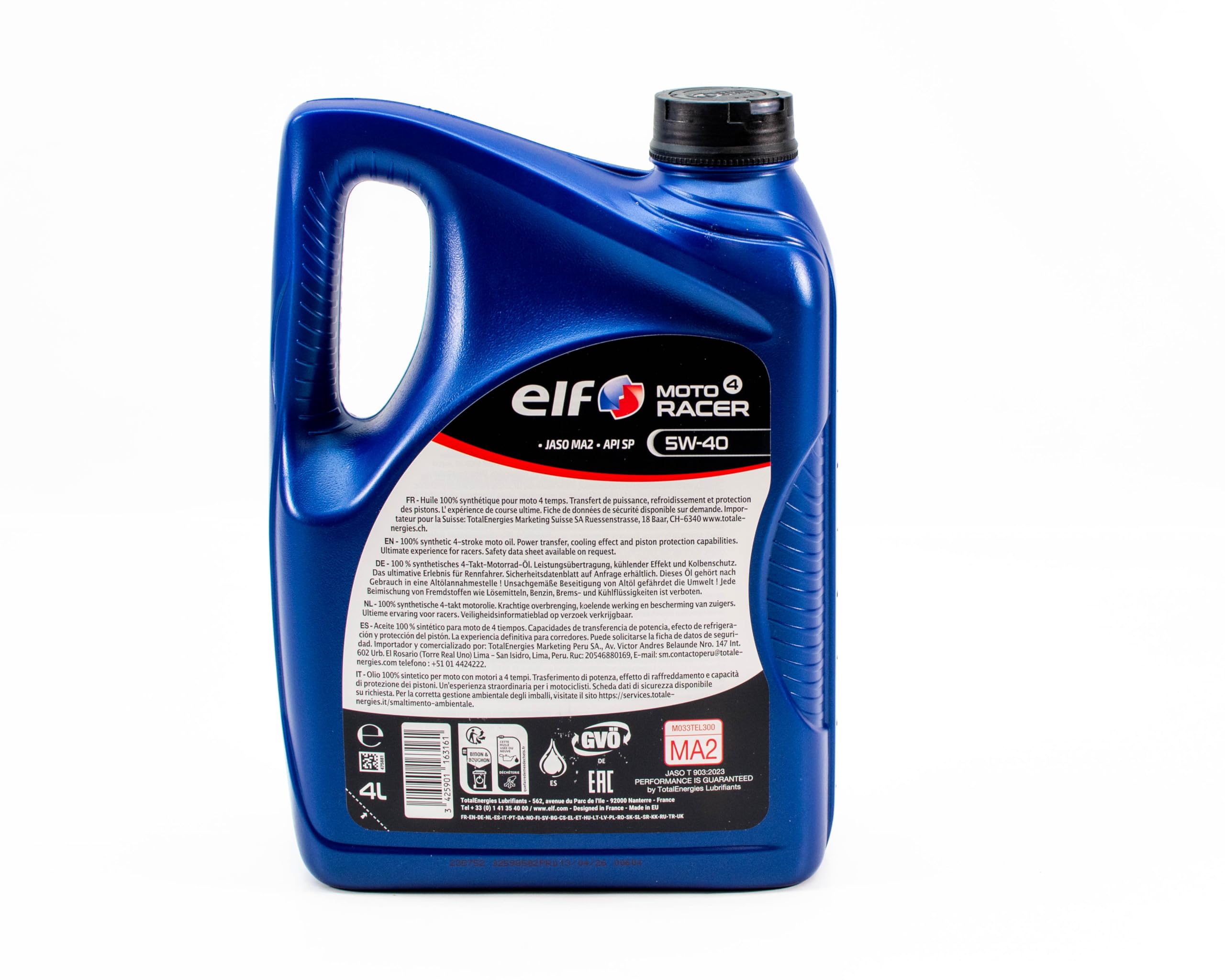 ELF Moto 4 Racer Huile Moteur 100% Synthétique 5W-40, pour Moto 4 Temps, JASO MA2, API SP, 4 Litres