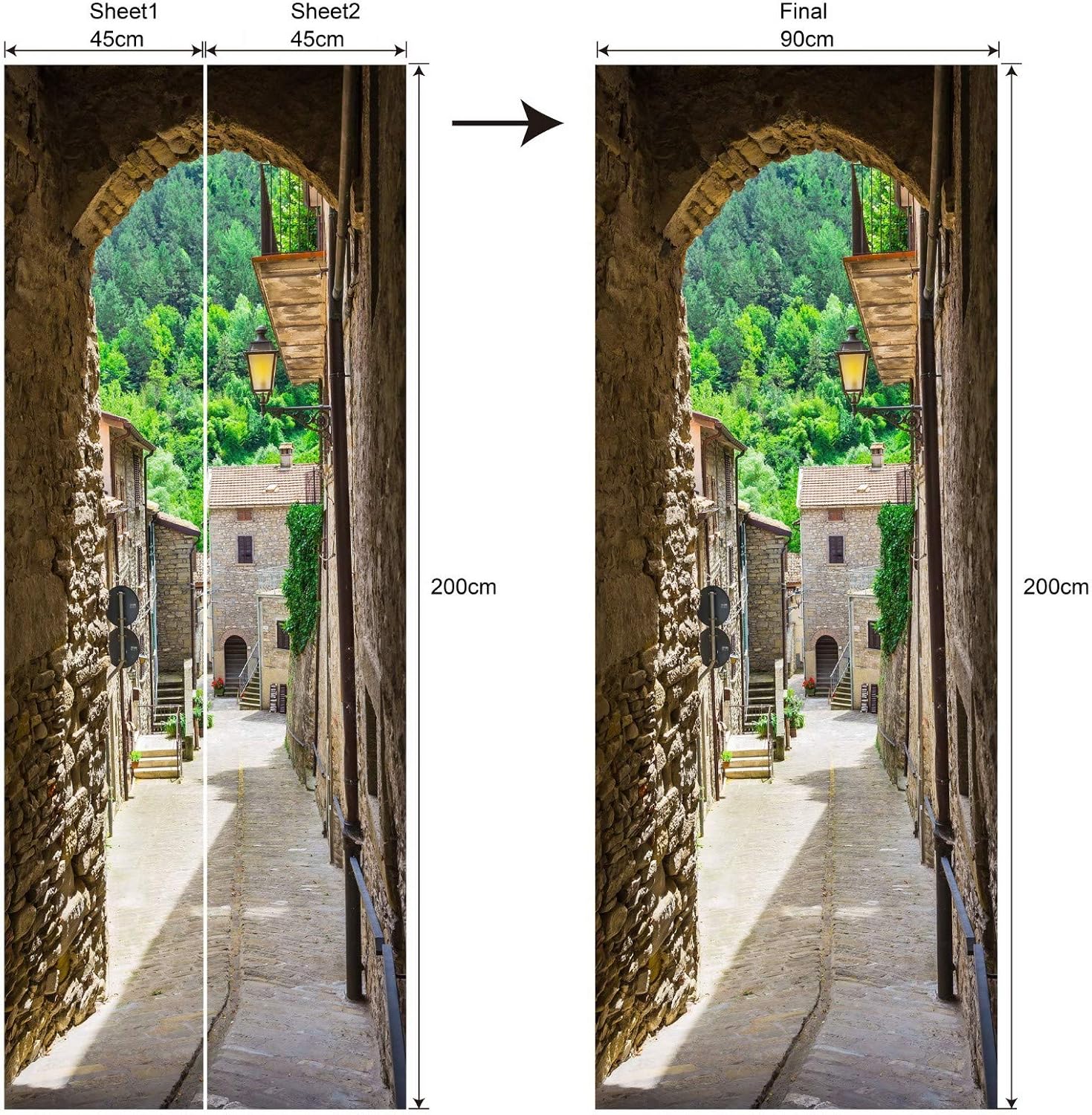 A.Monamour 3D Door Stickers for Interior Doors Ancient Italian Tuscan Town Street Scene Stone Arch Narrow Alley Vinyl Waterproof Self Adhesive Door Mural Decals for Bedroom Office Bathroom 90 x 200 cm