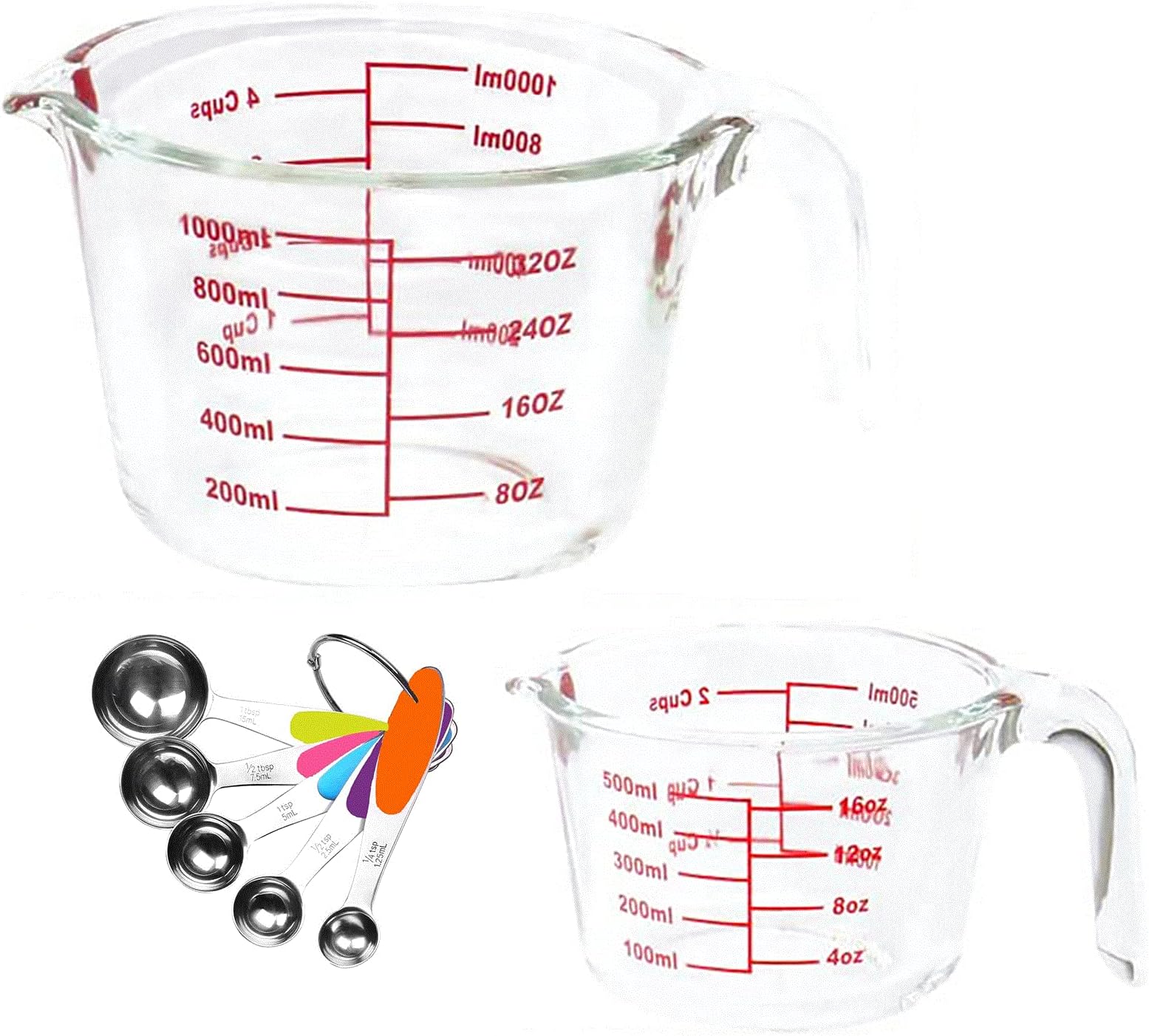 2 Glass Measuring Cups + 5 Measuring Spoons, Cups 34 OZ and 17 OZ, Glass is Safe for Microwave, Freezer, no BPA by TIBLEN