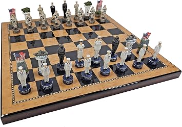 US Military Navy vs Marines Chess Men Set with 18 inch Walnut Color Board