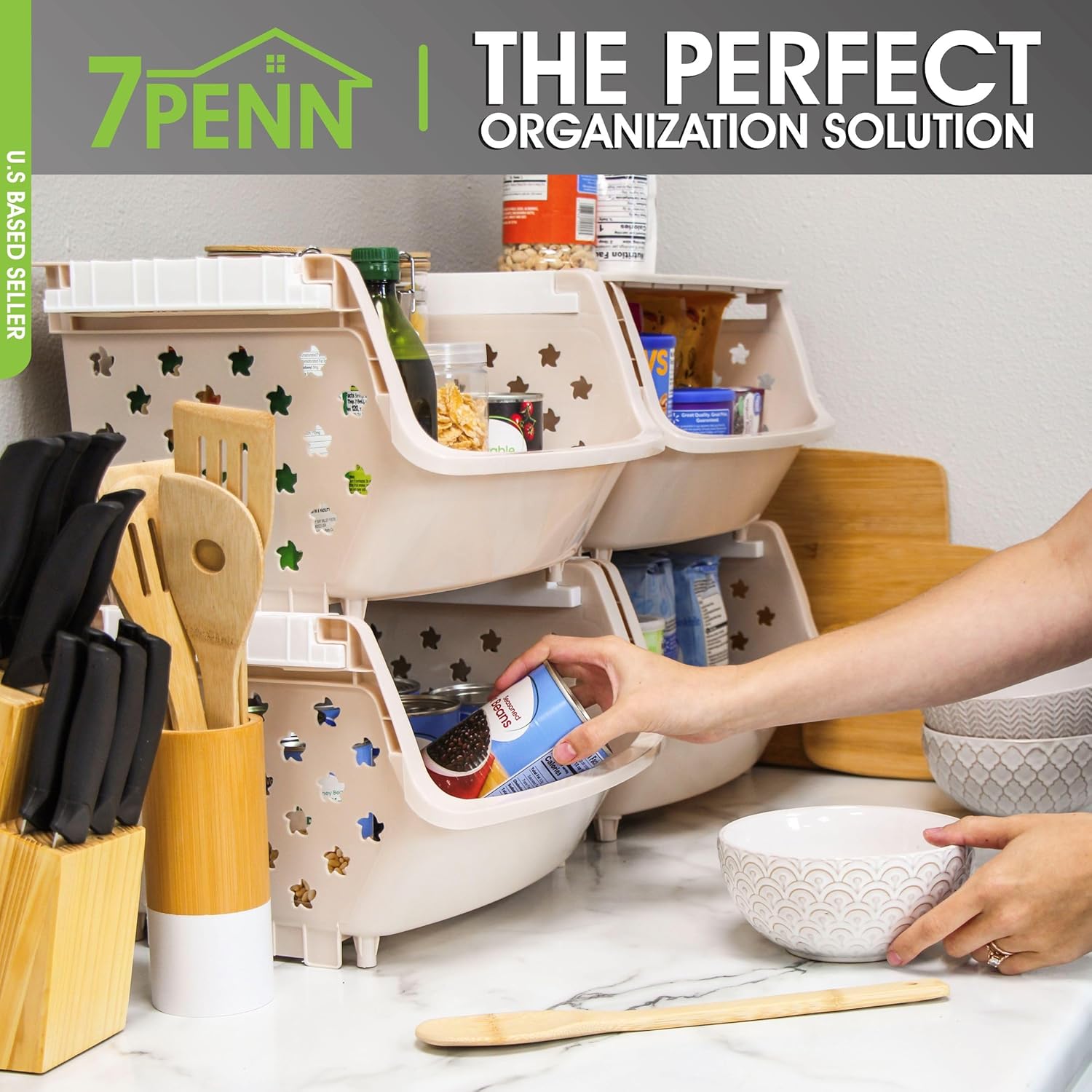 7Penn Storage Bins with Wheels - 4pc Beige Laundry Basket Stackable Rolling Bin - Wheeled Mobile Plastic Stacking Basket Tub Organizer Rack - Large Storage Crate Container Tower for Kitchen or Closet