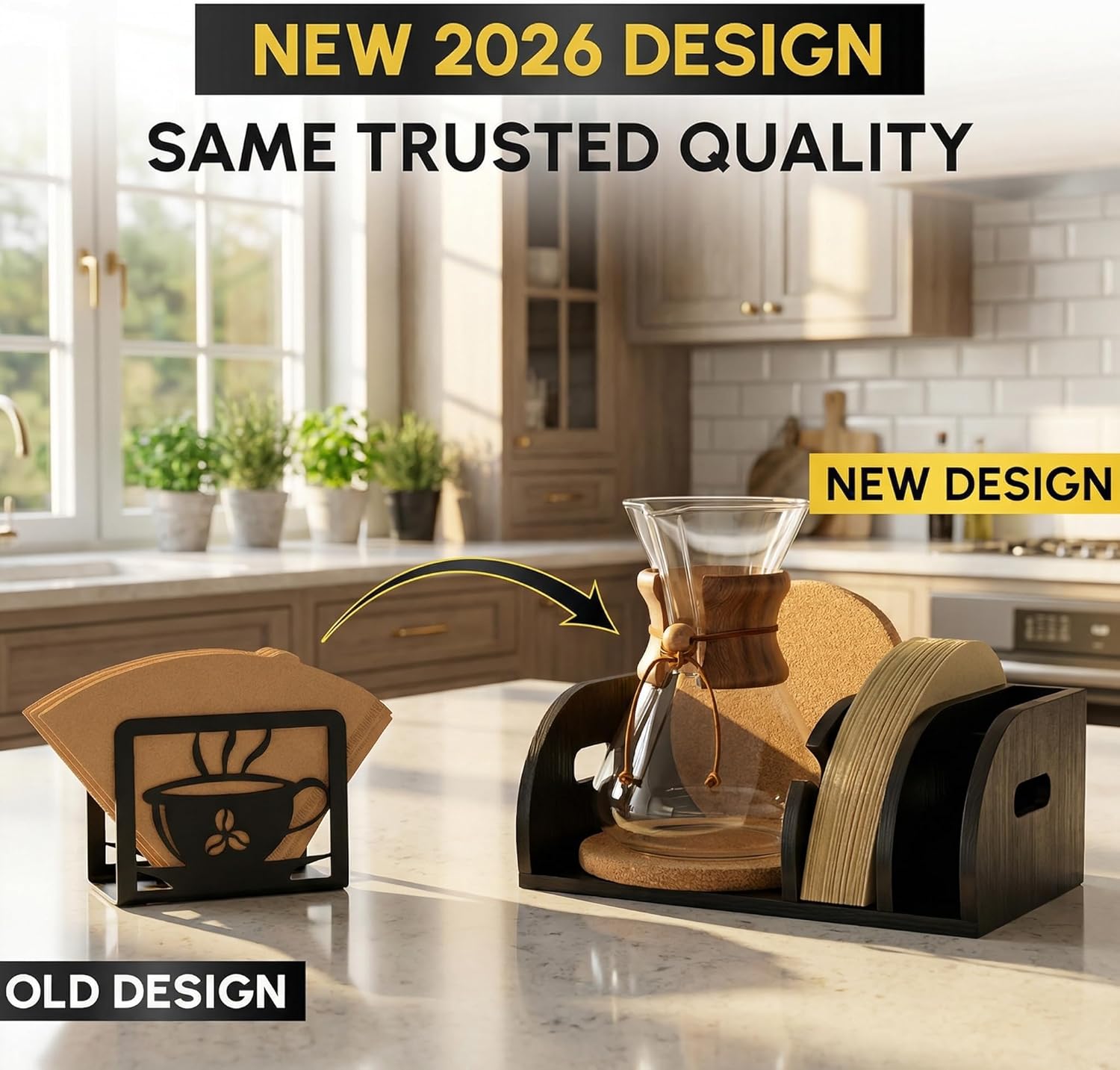 3-in-1 Chemex Caddy – Black Bamboo Coffee Station with Heatproof Cork Mat, Filter Holder & Accessories Organizer – Fits Chemex, Bodum & All Pour Over Carafes 3–10 Cup