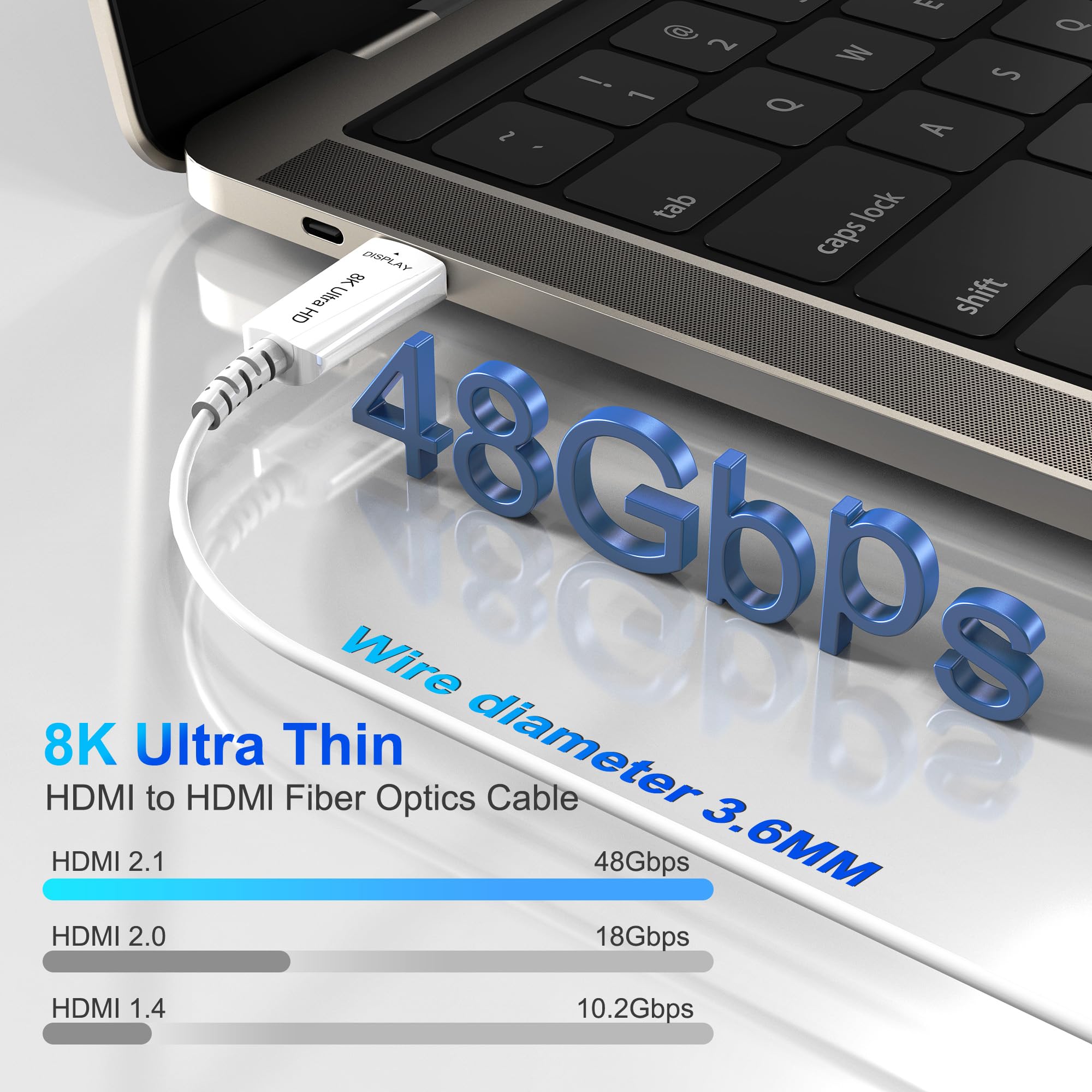 Cavo HDMI in fibra ottica 8K, 40 m, 8K a 60 Hz, 4K a 240 Hz, sottile cavo HDMI extra lungo 48 Gbps ad altissima velocità, HDR dinamico, eARC, HDCP 2.2 e 2.3, 3D, compatibile per PS4/5/Xbox/TV/laptop