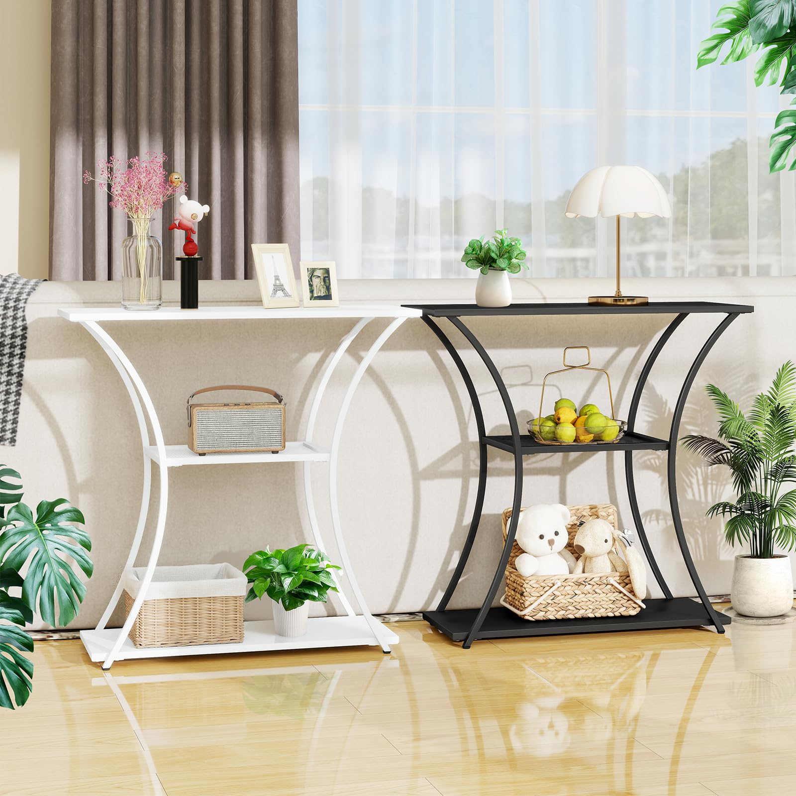 HDANI Tavolo consolle in metallo a 3 livelli con griglia media, tavolino sottile con telaio stabile, tavolo d'ingresso stretto e divano per corridoio, soggiorno, ingresso, bianco (80 x 30 x 78,5 cm)