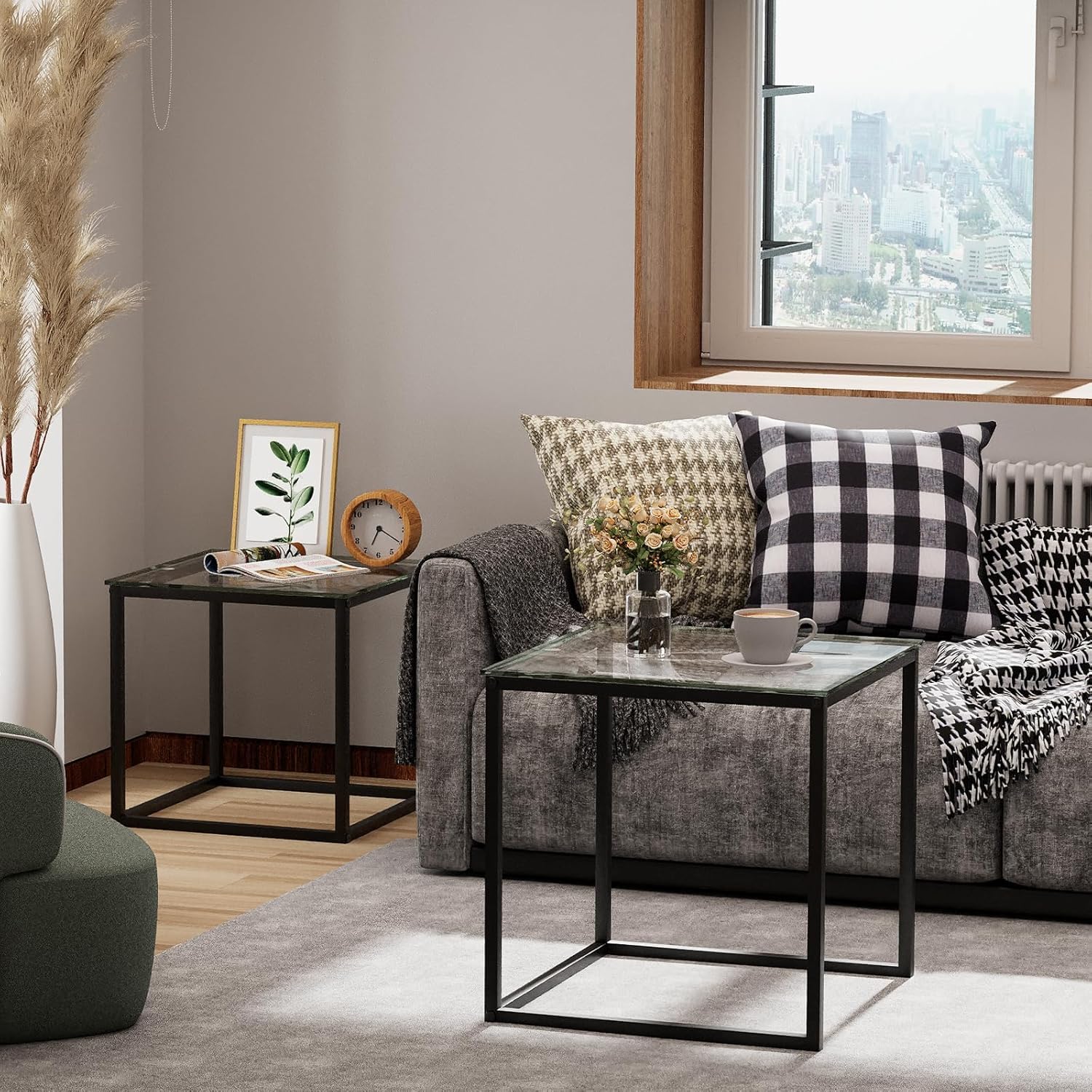 Juego de 2 mesas de centro cuadradas, salón moderno, mesa de café de cristal, auxiliar 50/45 cm, negro