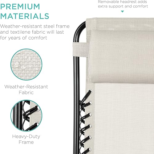 Miniatura 6 de Best Choice Products Juego de 2 sillas reclinables ajustables de malla de acero con gravedad cero con almohadas y bandejas portavasos, color marfil