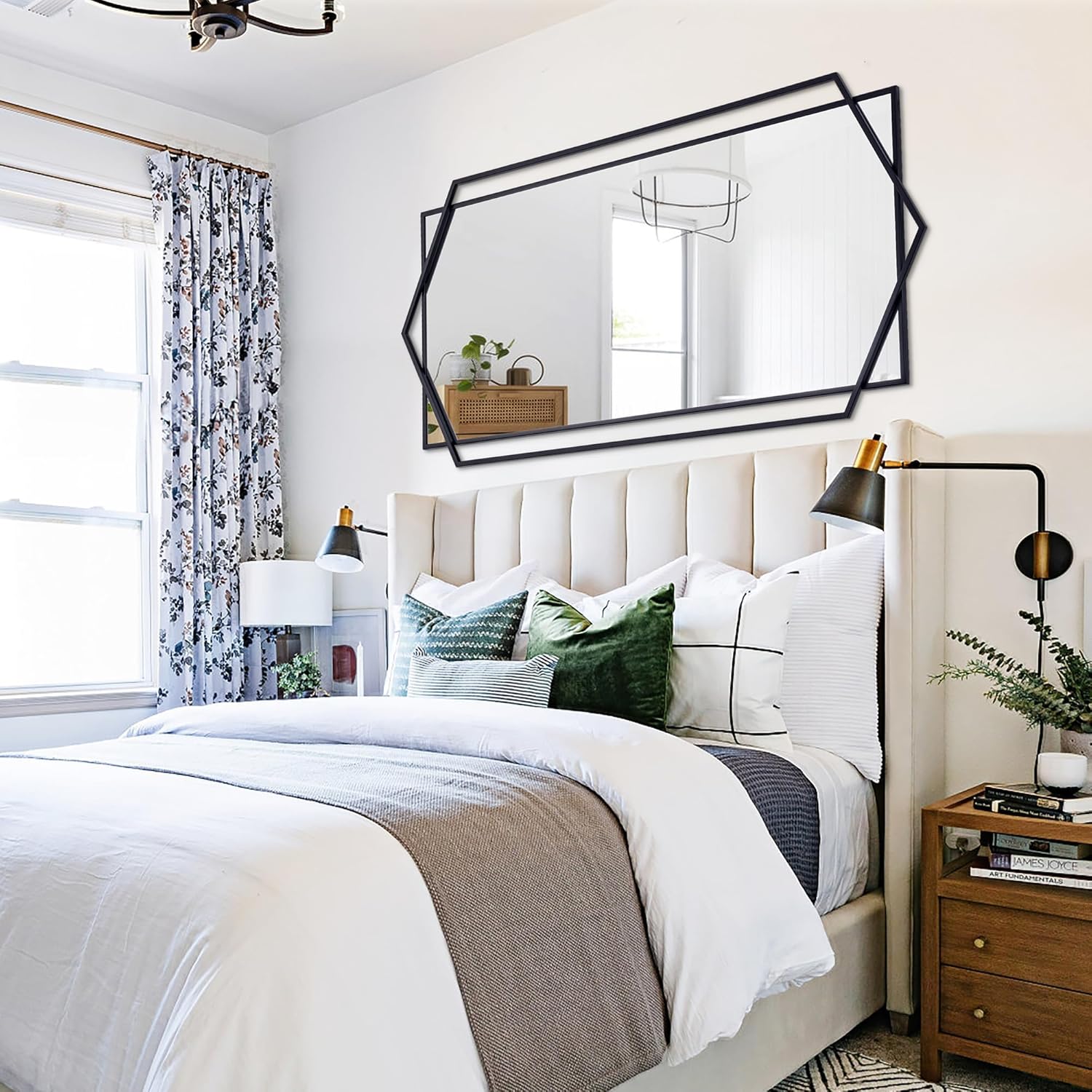 28"x 55" Decorative Mirror for Living Room with Hexagon and Rectangular Metal Frame, Entryway Mirror for Wall Decor, Vertical or Horizontal Hanging, Black