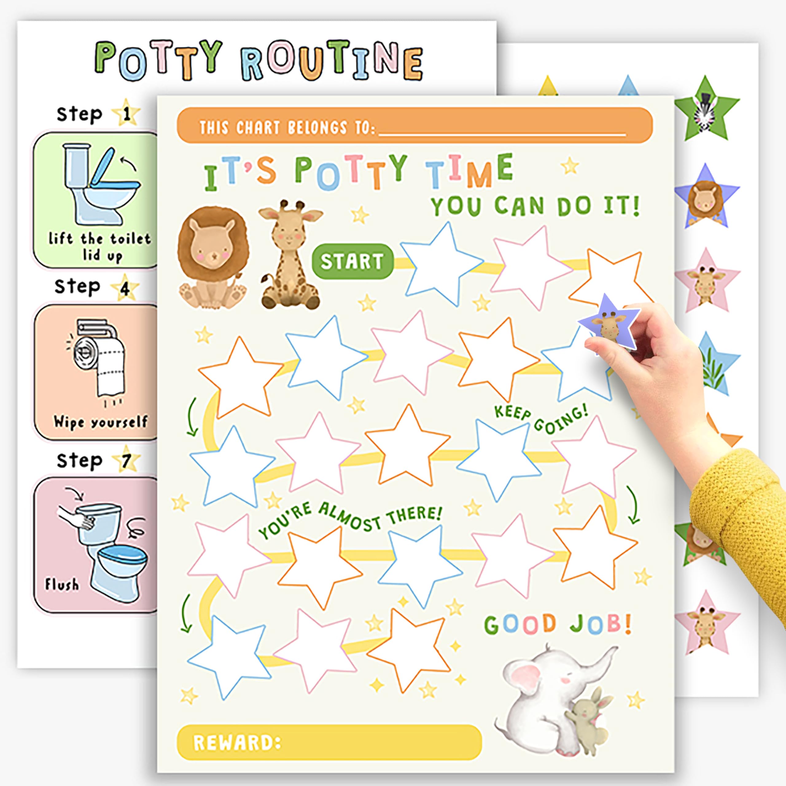 Potty Training Chart for Toddlers Boys Girls - Cute Animals, x 10 pcs - Potty Training Reward Chart for Kids - Sticker Board - Routine Calendar - Train to Poop - by Central 23