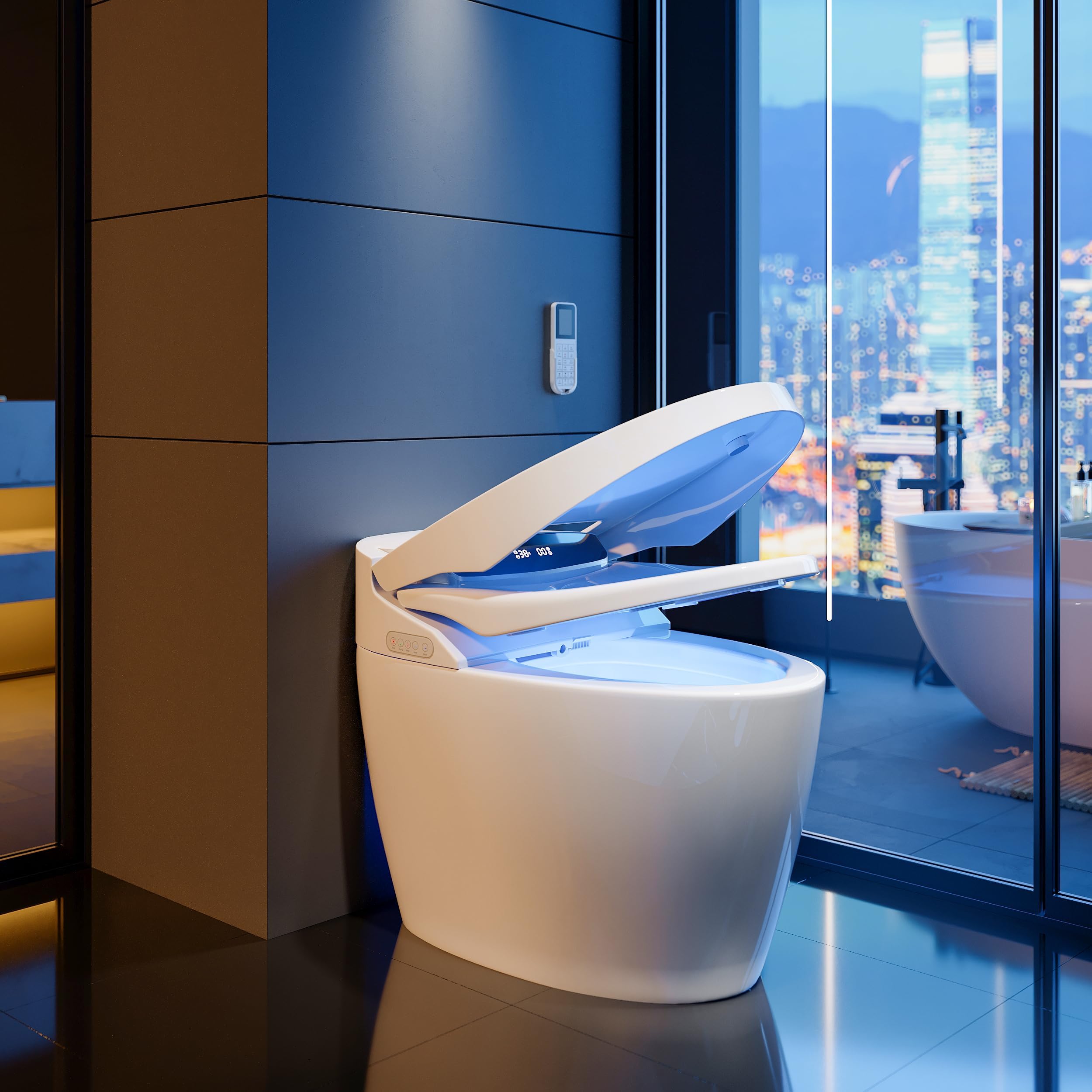Homary WC intelligente con bidet integrato, apertura automatica, bidet in un unico pezzo, sedile riscaldato con sciacquone, 1,27 GPF senza serbatoio bidet WC, display a LED, sensore a pedale, bianco