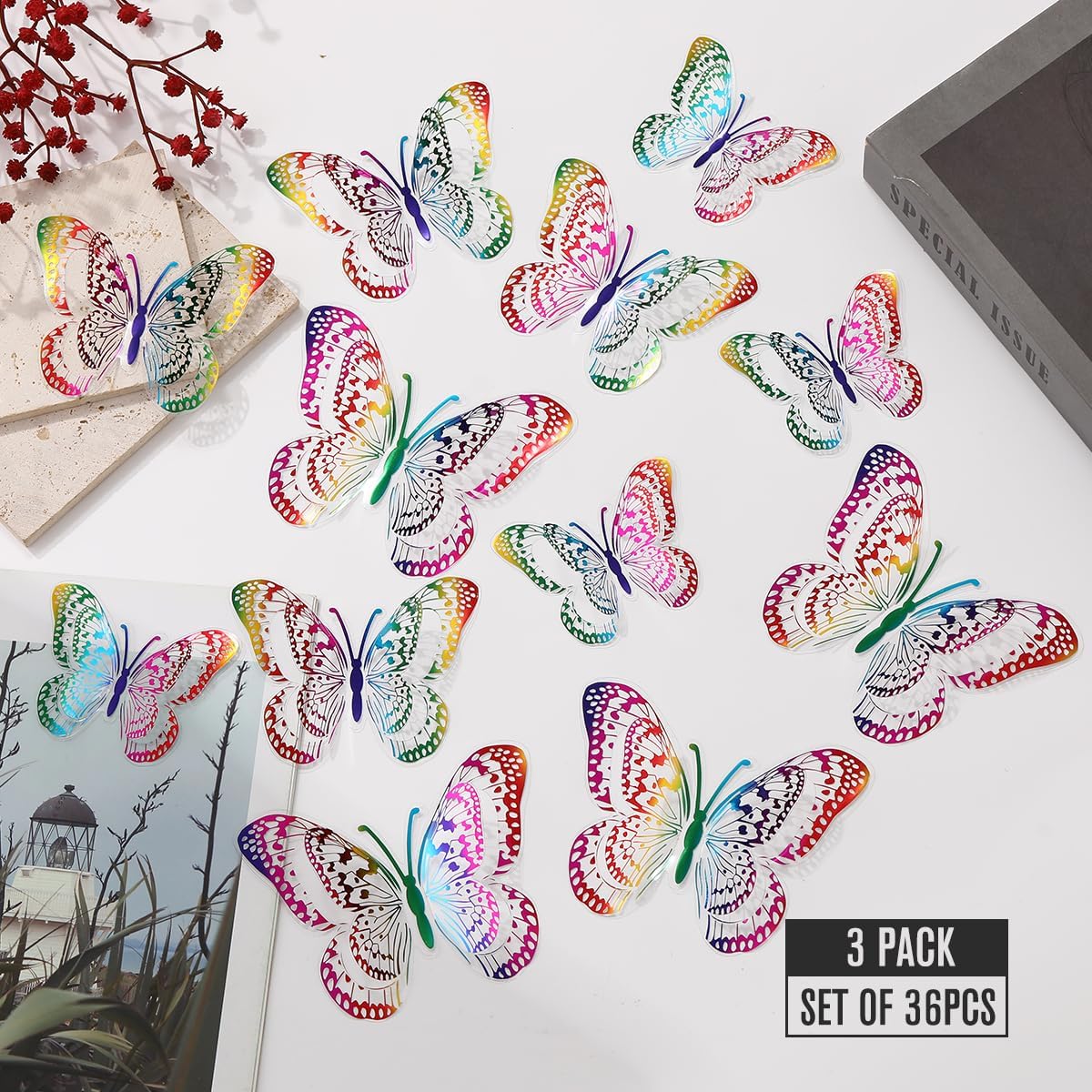36 Pcs Butterfly Wall Decals, Hollowed-Out Butterflies Stickers Mural Decor Stickers Wall Decor Home Decor Room Bedroom Decor Living Room Decor (Rainbow)