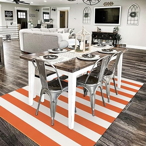 Vista 226 de KILOCOCO Alfombra de rayas beige de 2.3 x 3.6 pies para interiores y exteriores, alfombra tejida a mano de algodón lavable a rayas para puerta Rayas