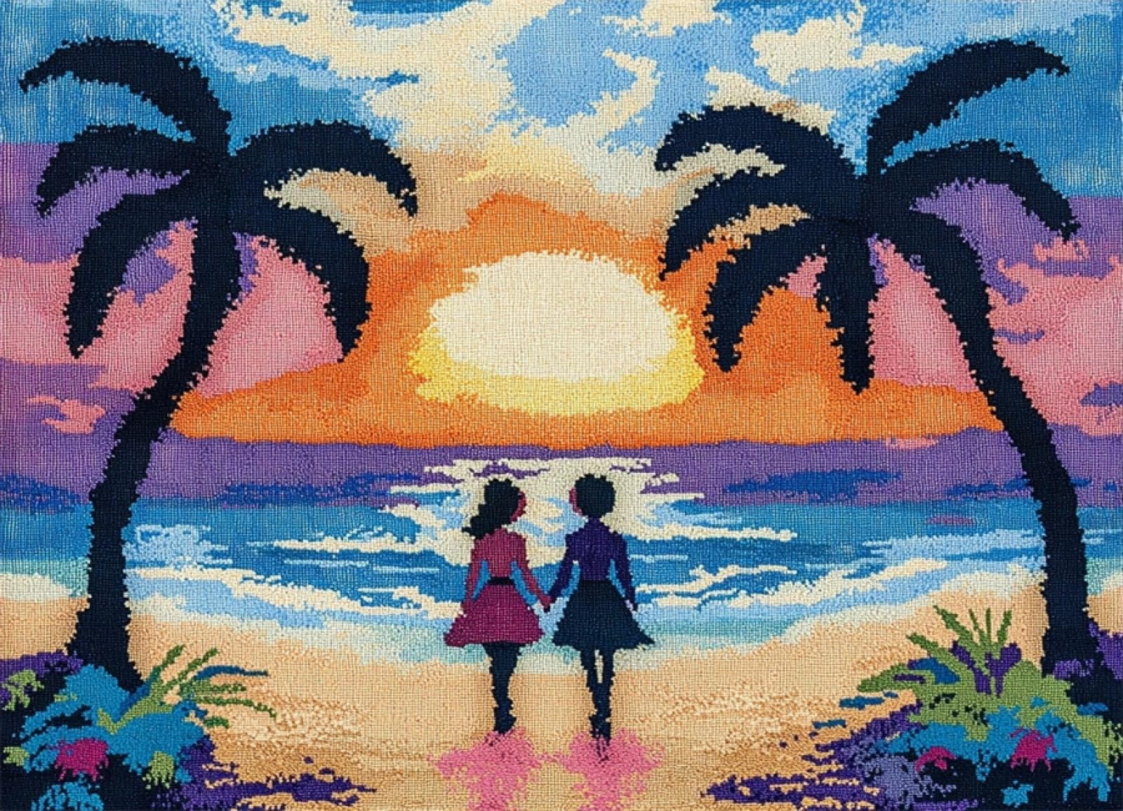 Wallphantom Landschaft Diy-Teppich Knüpfstern,Strand,DIY Embroidery Cushion Rug Unfinished Crochet Rug Set with Pre-Print,Latch Hook Kits for Children and Adults,80x115cm