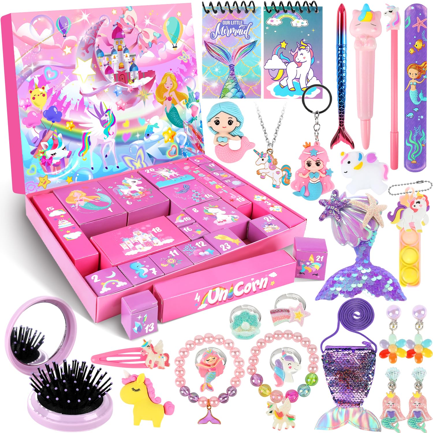 Labeol Advent Calendar 2024 Girls, Christmas Kids Advent Calendar 2024, 24 Days Surprise Xmas Countdown Gifts with Hair Accessories, Jewelry, Stationery,Coin Purse for Kids Girls Toddlers Party Favors