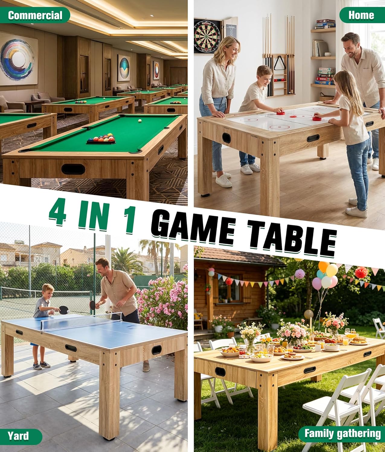 7FT 4-in-1 Multi Game Table, Combo Game Table with Billiards, Air Hockey, Ping Pong & Dining Table, Wood Game Room Table with All Accessories for Home, Family, Adults & Kids