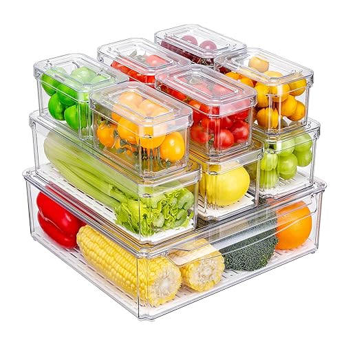 KUMD 10 Pack Fridge Organizer, Stackable Refrigerator Organizer Bins with Lids, BPA-Free Produce Fruit Storage Containers for Storage Clear for Kitchen, Food, Drinks, Vegetable Storage - set of 10