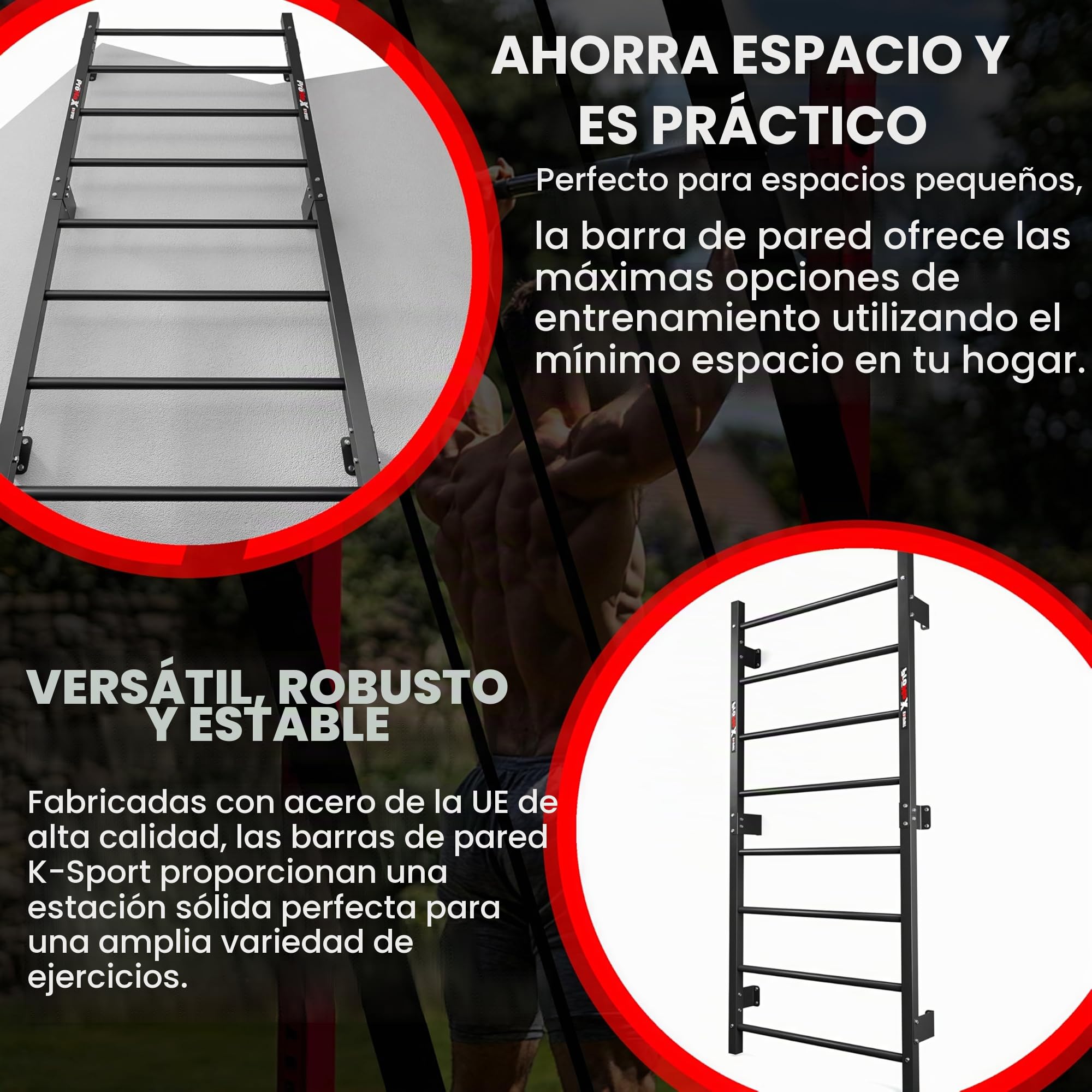 K-Sport: Barras de pared con 8 peldaños, muro de escalada para montaje en pared, muro de peldaño para interiores y exteriores, estación de fuerza para un entrenamiento muscular eficaz, para el hogar