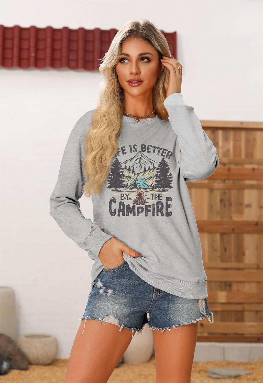 Funny Camping Sweatshirt for Women Casual Long Sleeve Crewneck Comfy Vintage Pullover Camp Lover Lightweight Tops image 2