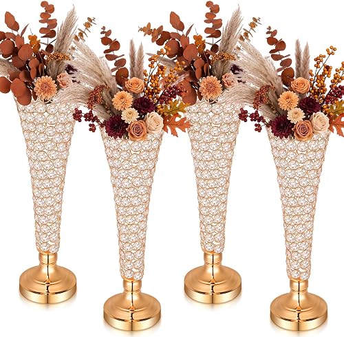 Rtteri 4 Pcs 20 Inch Gold Tall Crystal Vase for Centerpieces Fall Wedding | Trumpet Metal Crystal Flower Vase, for Holiday Table Floor Wedding Banquet Celebration, Classic Elegance