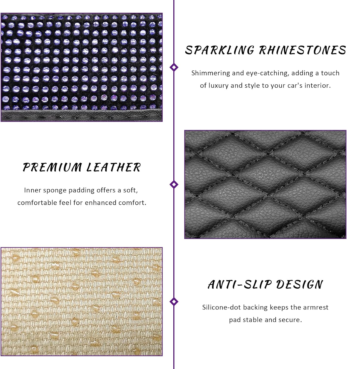 Sun Walker Bling Car Center Console Cover, Anti-Scratch Car Armrest Seat Box Cushion Pad with 2 Storage Bags, Leather Middle Console Protector Crystal Interior Accessories for Most Cars (Purple) image 3