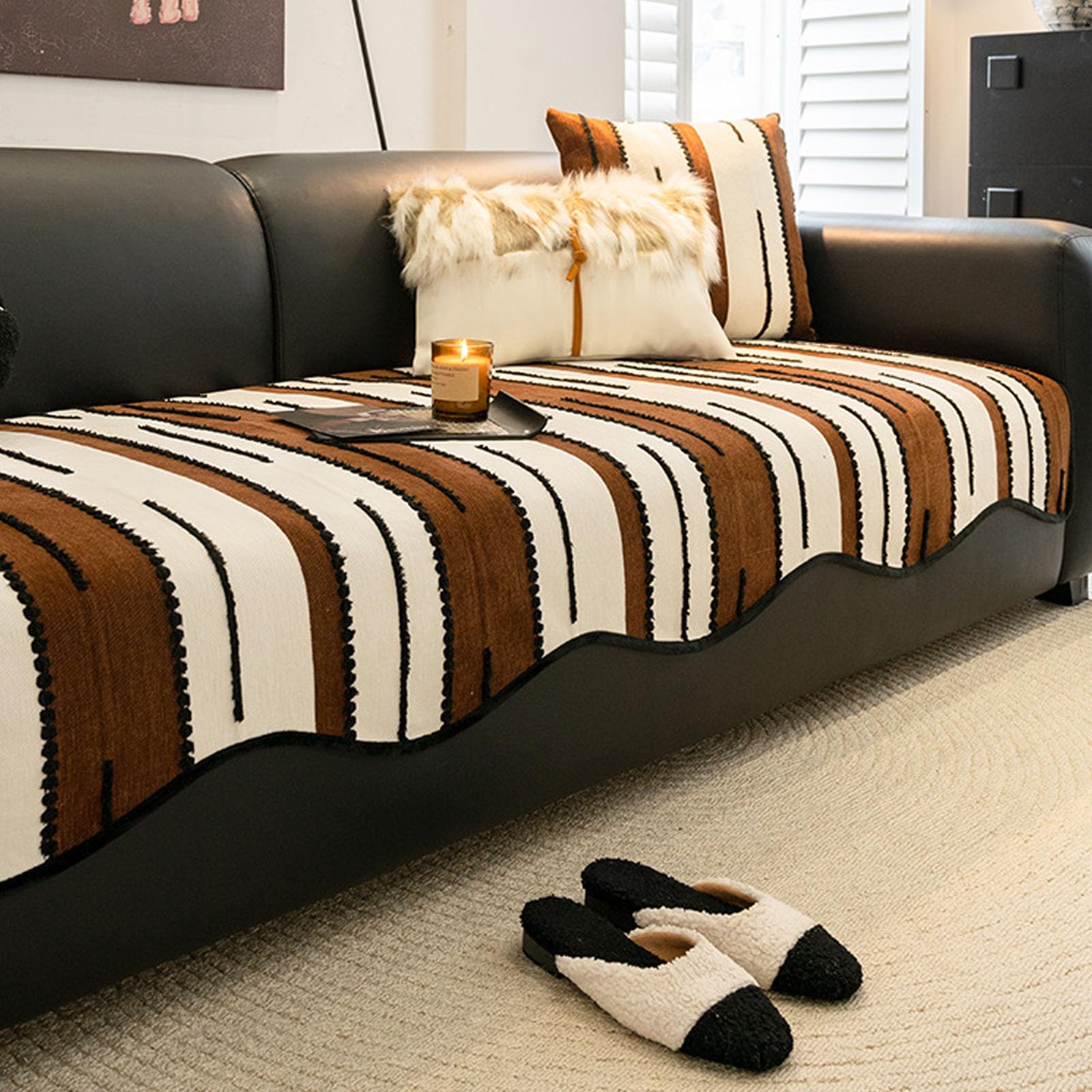 Jeté de canapé chenille anti-chien marron 110x210 cm protecteur meuble lavable