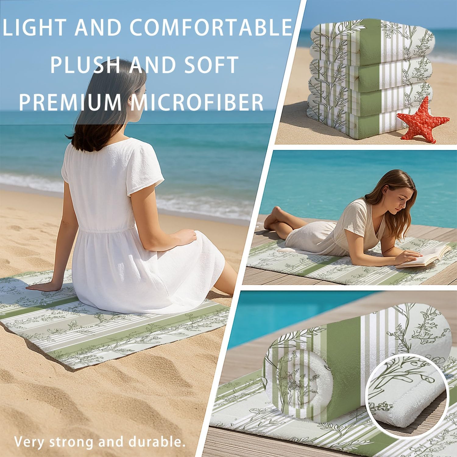 Générique Drap de Plage Anti Sable Sechage Rapide 200 cm x 100 cm Moderne Naturel Serviette de Plage Microfibre Raffiné Frais Élégant Calme Rayures Plantes Absorbante Super Couverture de Plage