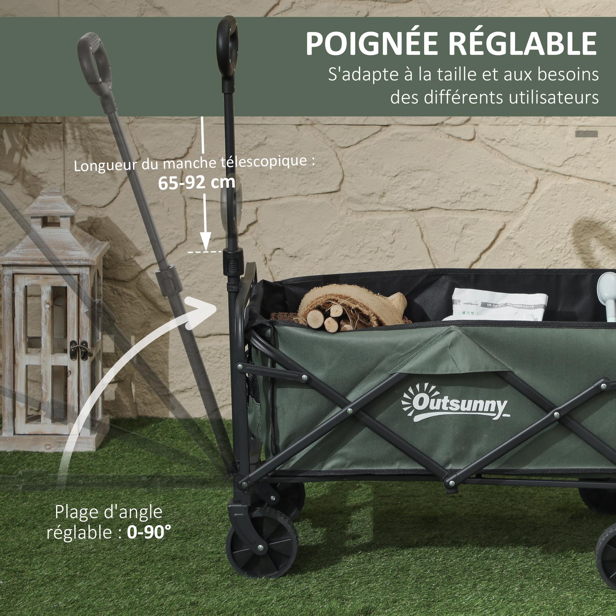 Outsunny Chariot de Transport Pliable, Chariot à roulettes avec poignée télescopique, 2 Poches, Ouverture arrière, pour extérieur, Festival, Camping, Plage, Vert