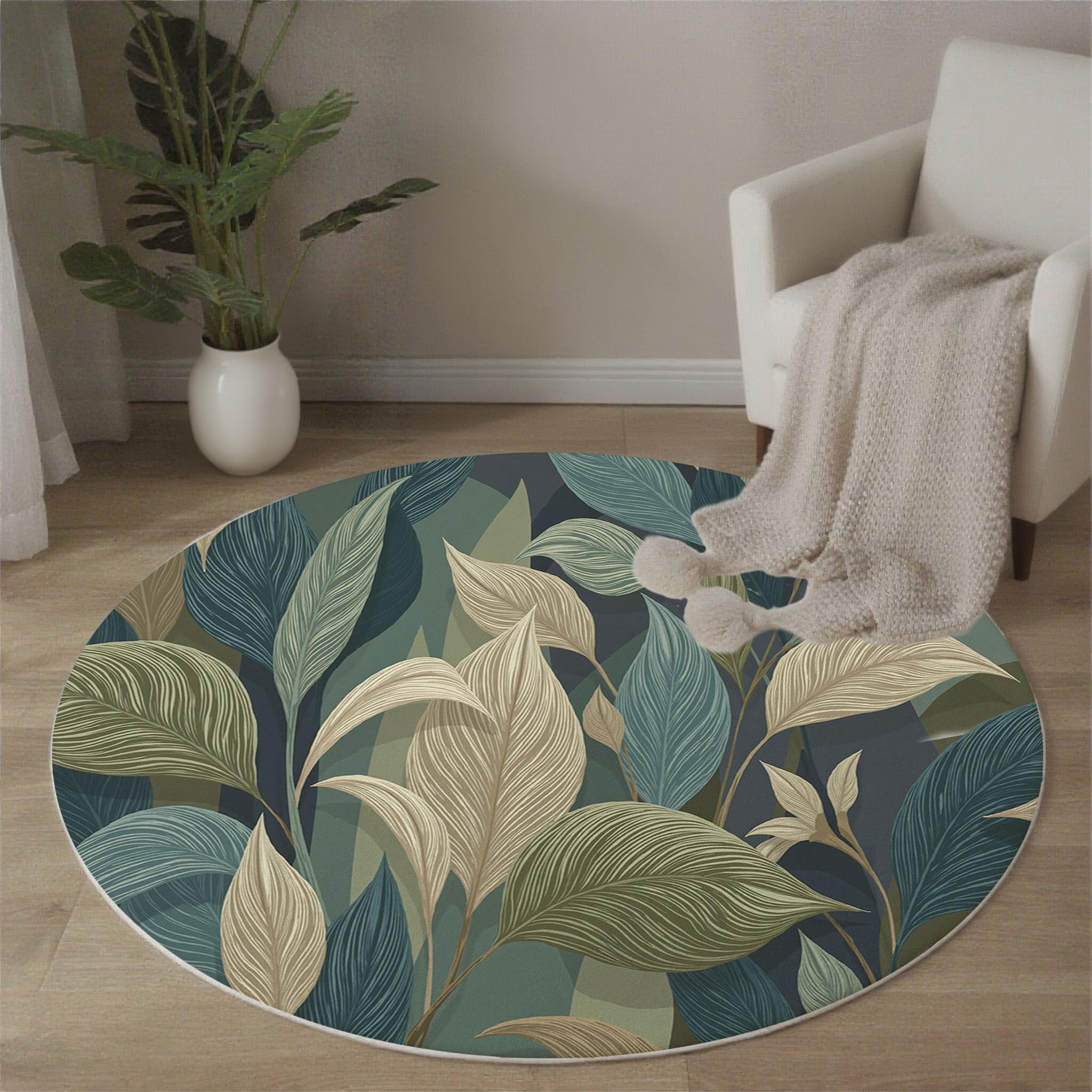 Tapis de salon rond doux vert olive 160cm lavable en machine