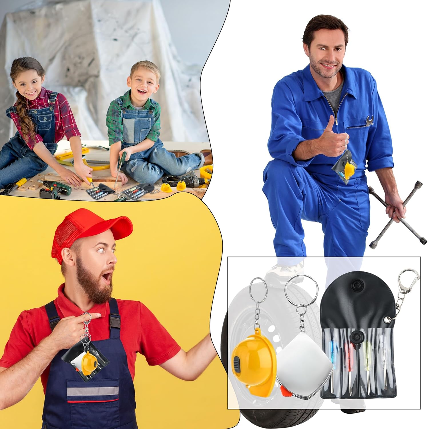 126 Pcs of Mini Screwdriver Keychains Bulk Each Set Includes Screwdrivers in a Portable Pouch and Small Tape Measure Mini Hard Hat Keychain for Party Favors and Daily Use