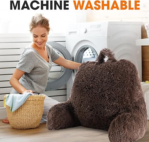 Miniatura 7 de Cheer Collection Silla de almohada de lectura esponjosa, almohada para silla de pelo lanudo con brazos para cama y sofá, color chocolate