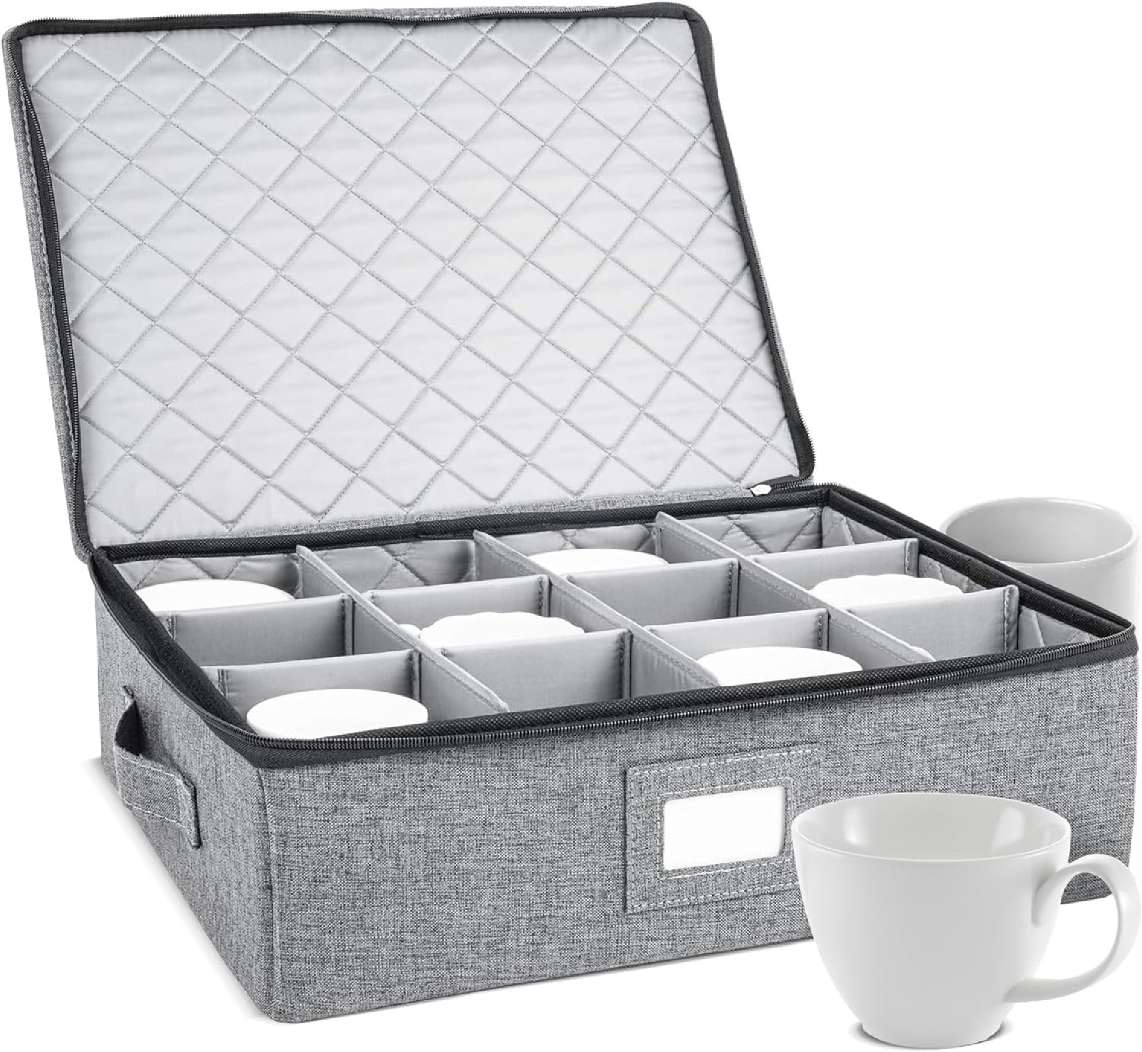 Cup and Mug Storage Box, Holds 12 Coffee Mugs and Tea Cups, Fully-Padded Inside with Sturdy Construction (Grey)