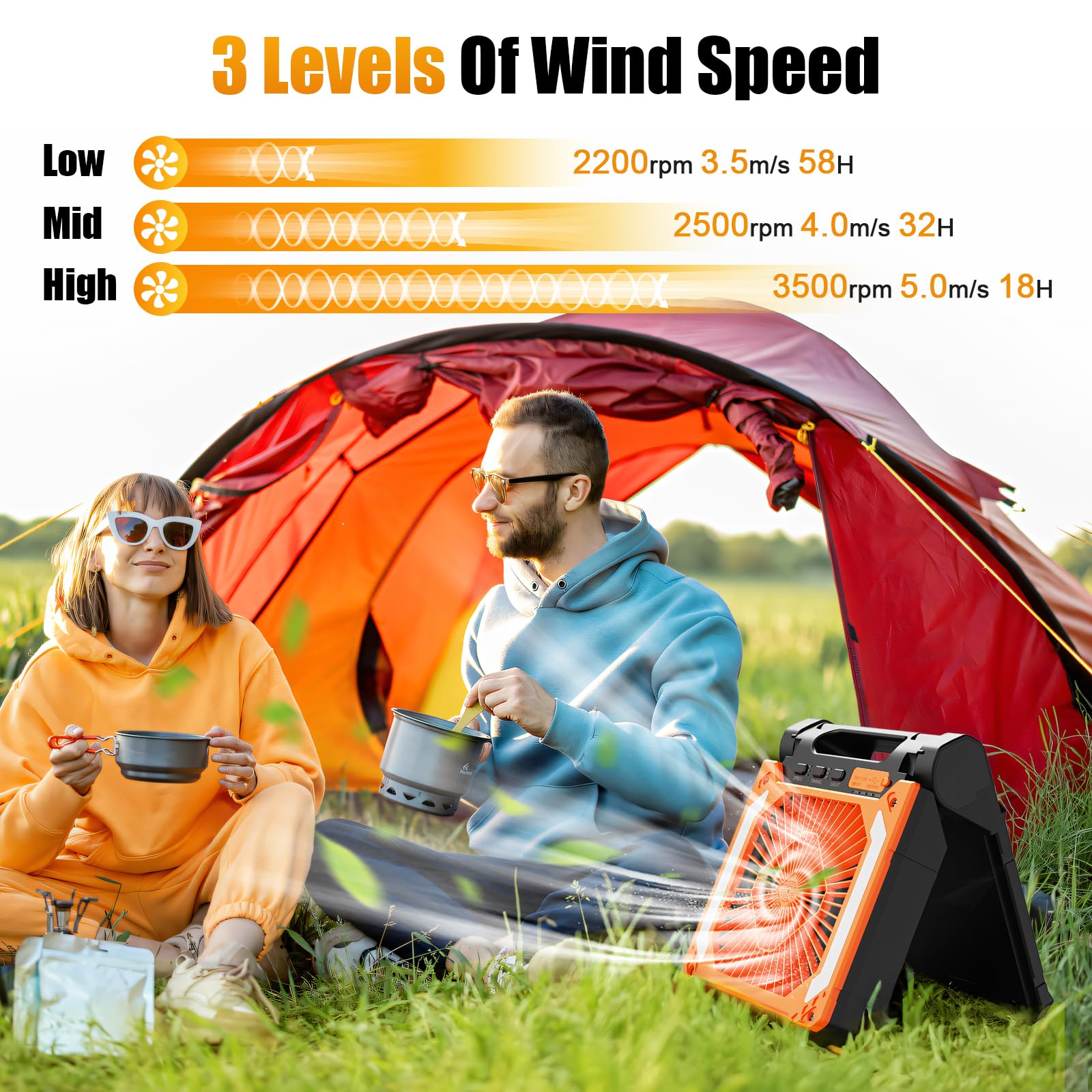 Ventilateur solaire de camping - 20 000 mAh - Rechargeable - USB - Avec lumière LED et crochet - Clip à piles - Pour extérieur, camping, panne de courant, pêche, ouragan