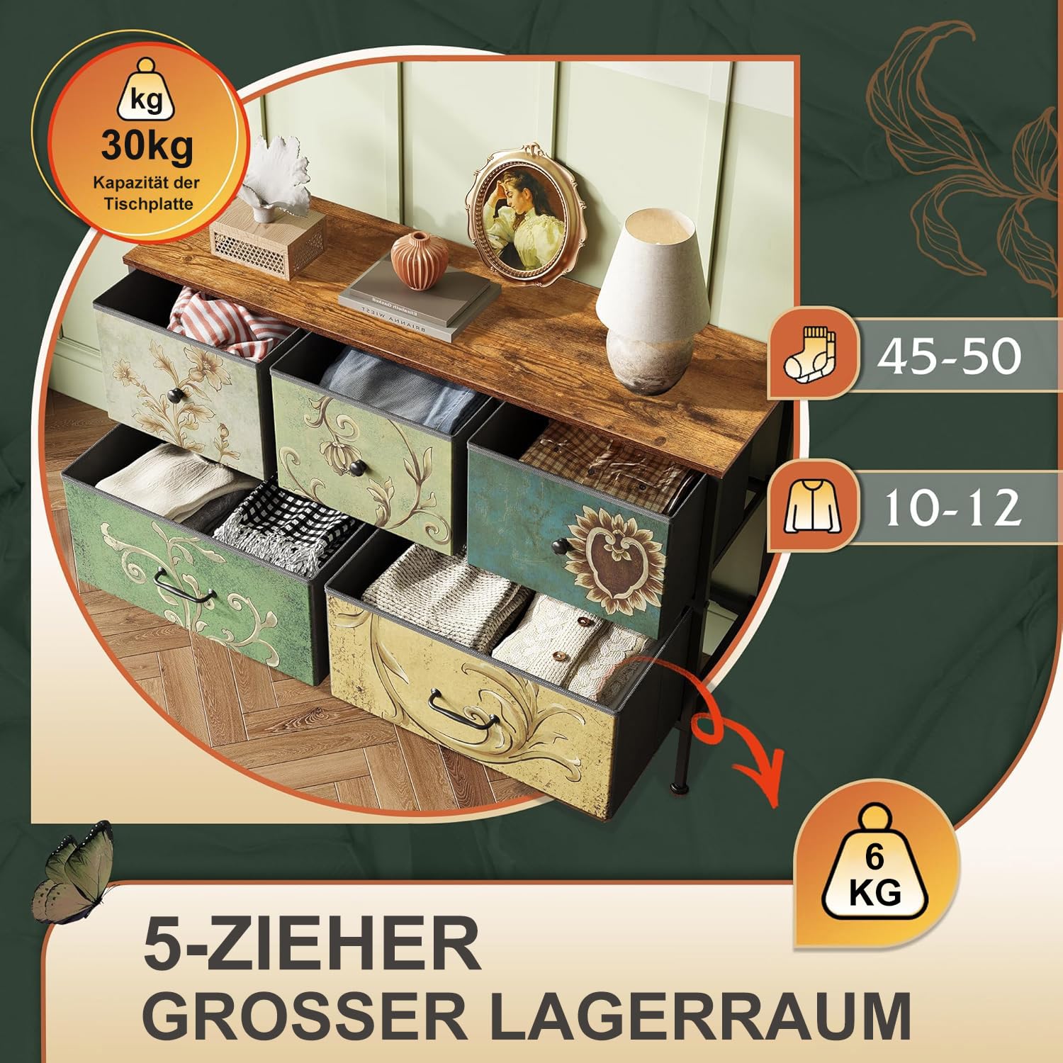 Commode 100 cm - avec 7 tiroirs de rangement - motif vintage - structure en métal - style bohème - meuble de salon en bois - Multicolore