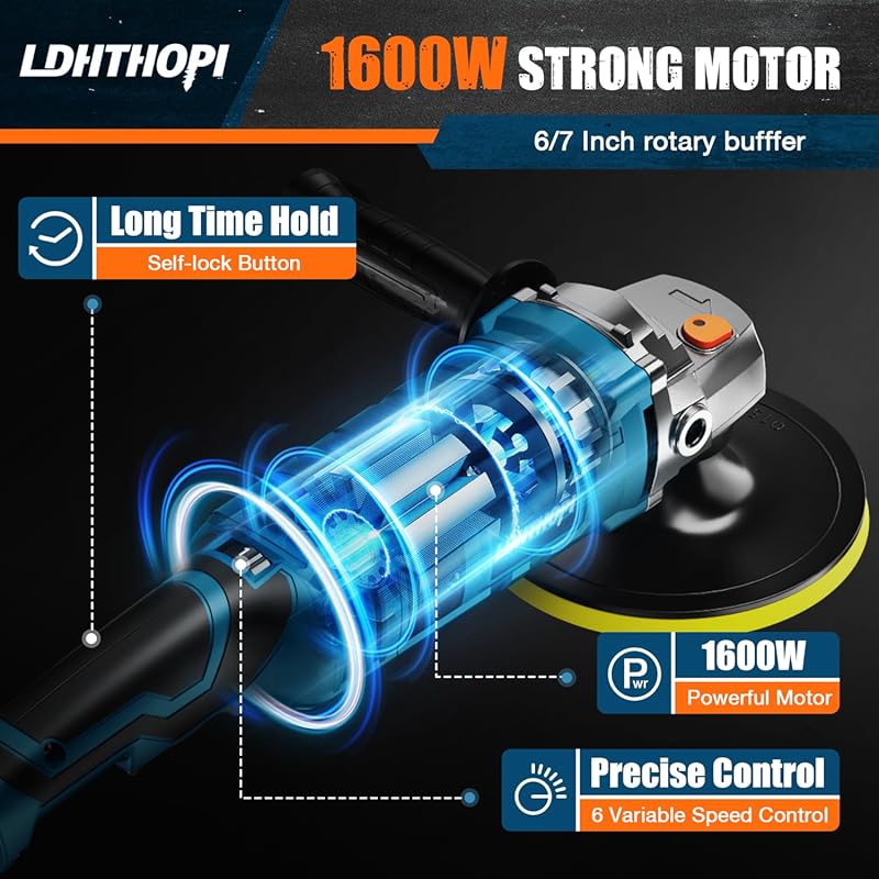 LDHTHOPI Buffer Polisher, 1600W 7 Inch/6 Inch Rotary Buffer Polisher Waxer, 7 Variable Speed 1000-3500 RPM, Detachable Handle for Car, Boat Sanding, Polishing, Waxing 1600W Rotary Buffer Polisher